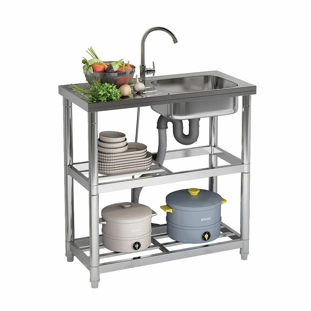 Lavabo independiente de acero inoxidable, lavabo libre con grifo, fregadero de cocina con superficies de apoyo, lavabo multifuncional con tubería de agua, lavabo de uso para lavadero, jardín