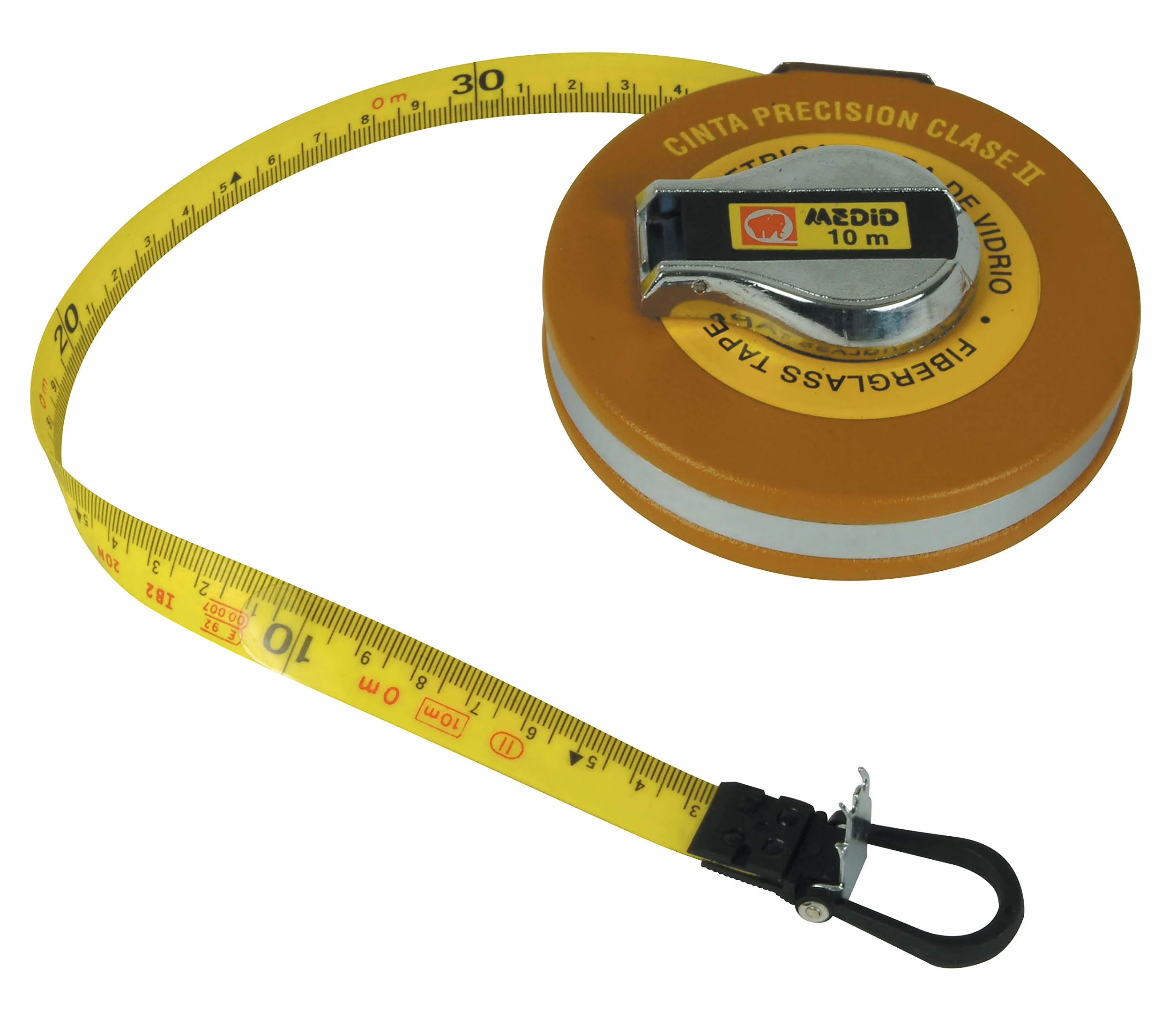 Medid MD/136025 Cinta métrica con estuche metálico recubierto, fibra de vidrio en clase II, doble precisión, 25 m