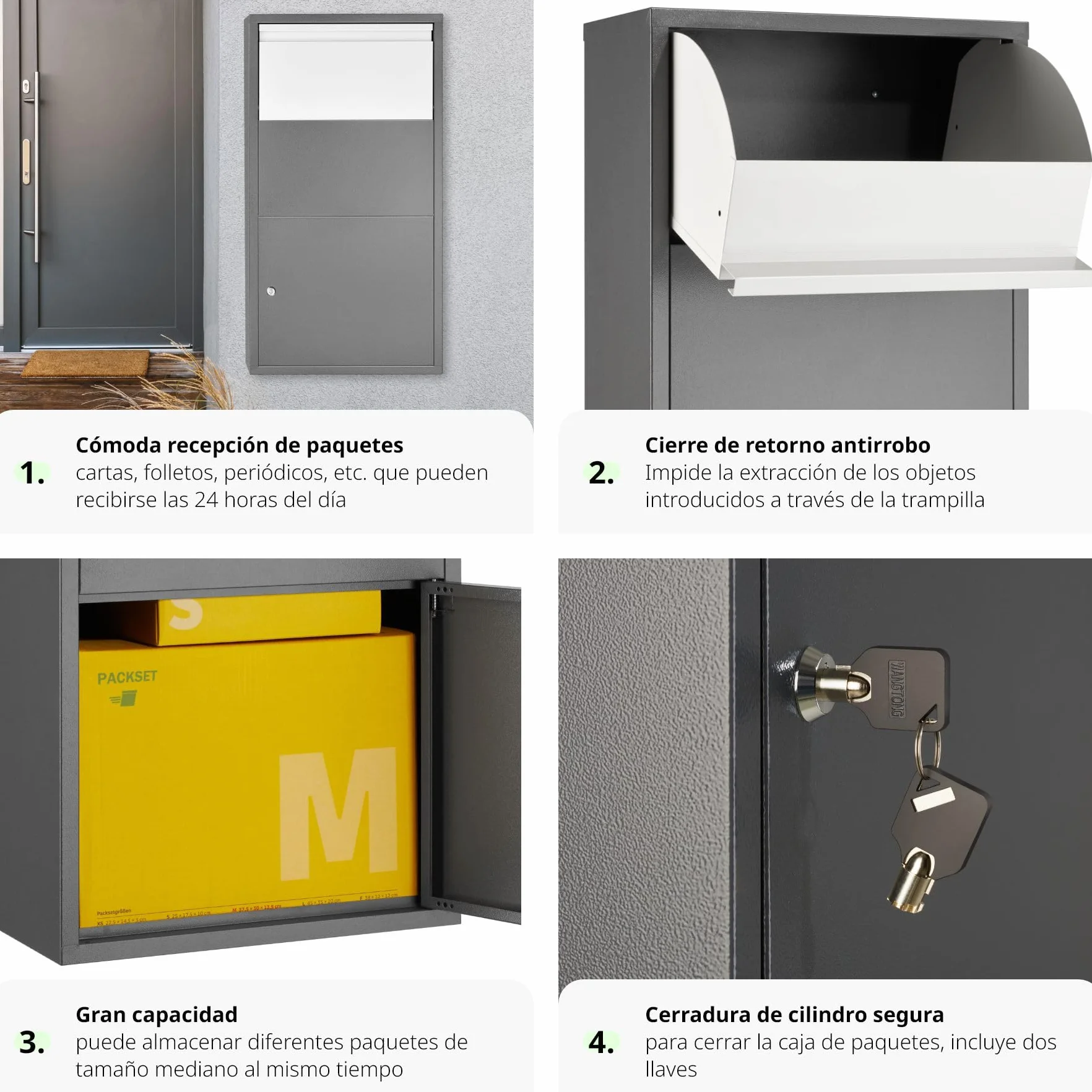 tectake® Buzón Exterior XXL, Buzón para Paquetes y Cartas, Cerradura de Cilindro Antirrobo con 2 llaves, Buzón Correos Premontado, Chapa de Acero, Robusto, Espacioso, 44x22x82 cm, Entrega sin Contacto