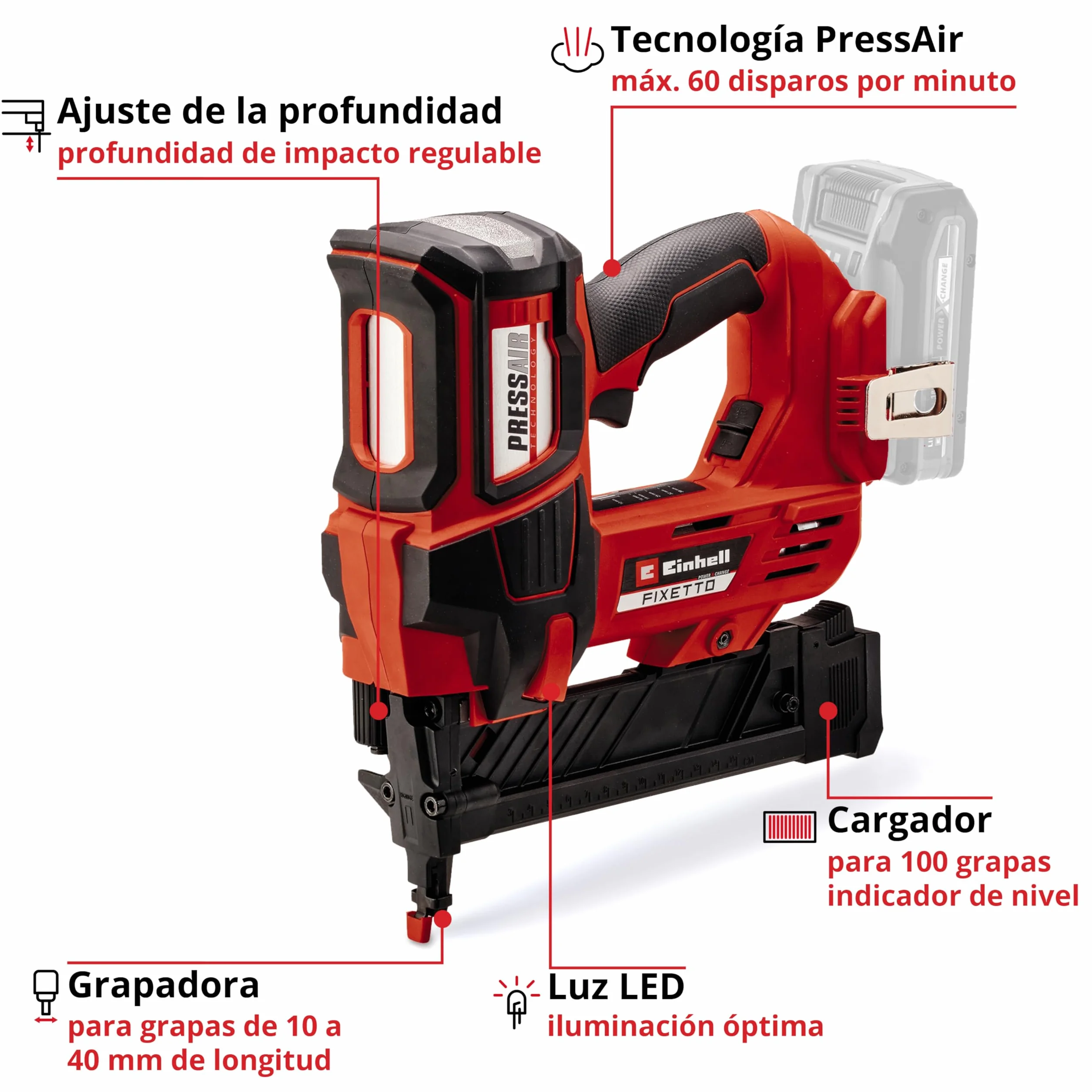 Einhell Professional clavadora con baterías FIXETTO 18/40 S Power X-Change (18 V, 60 tiros/min, máx. 40 mm de longitud de clavo, tiro individual / en serie, incl. 500 clavos, sin batería)