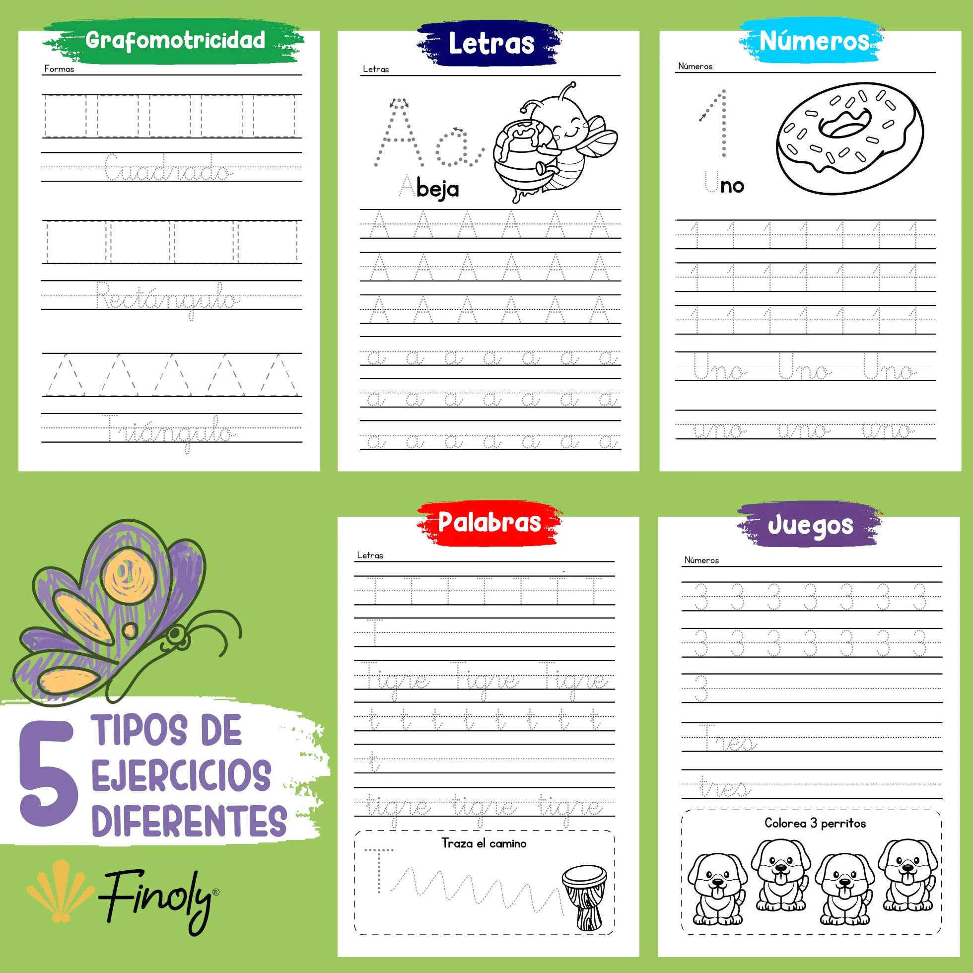 Finoly Cuaderno Aprender a Escribir Letras y Números Pauta Montessori | Niños 3 a 6 años Libro Caligrafía Preescritura Lectoescritura Actividades y Ejercicios: Letras Números Palabras Grafomotricidad