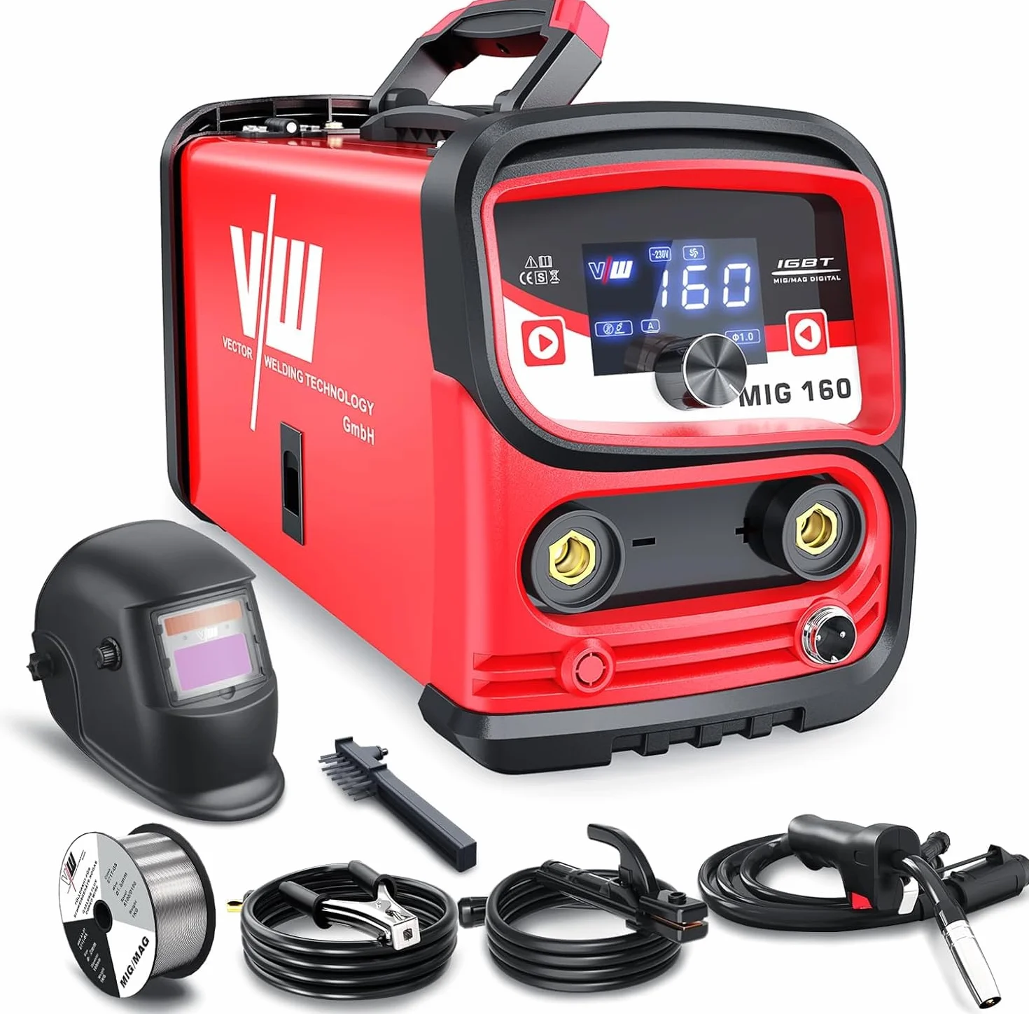 VECTOR WELDING Soldador Hilo Continuo Sin Gas 160 A, Soldadora Mig Mag Portátil con Pantalla LED, Soldador de Hilo sin Gas MIG/MMA para Principiantes, IGBT MIG 160A Set