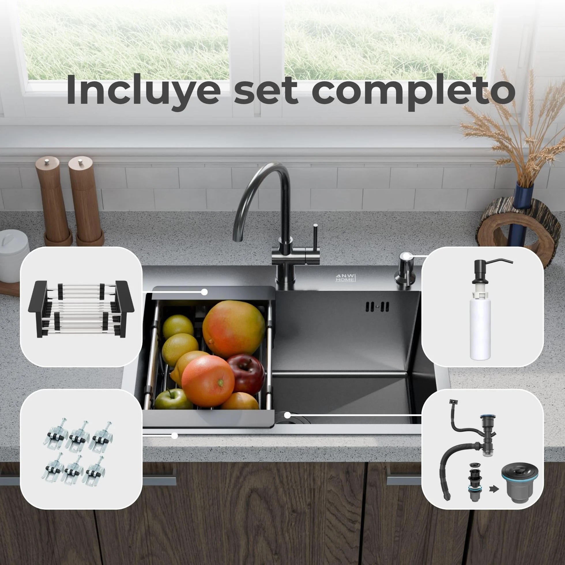 ANW HOME Fregadero Cocina 1 Seno, Acero Inoxidable 60x45 cm, Fregadero sobre Encimera Grafito PVD con Superficie Nano, Grosor 3,0+1 mm, con Sifón Dosificador de Jabón y Cesta