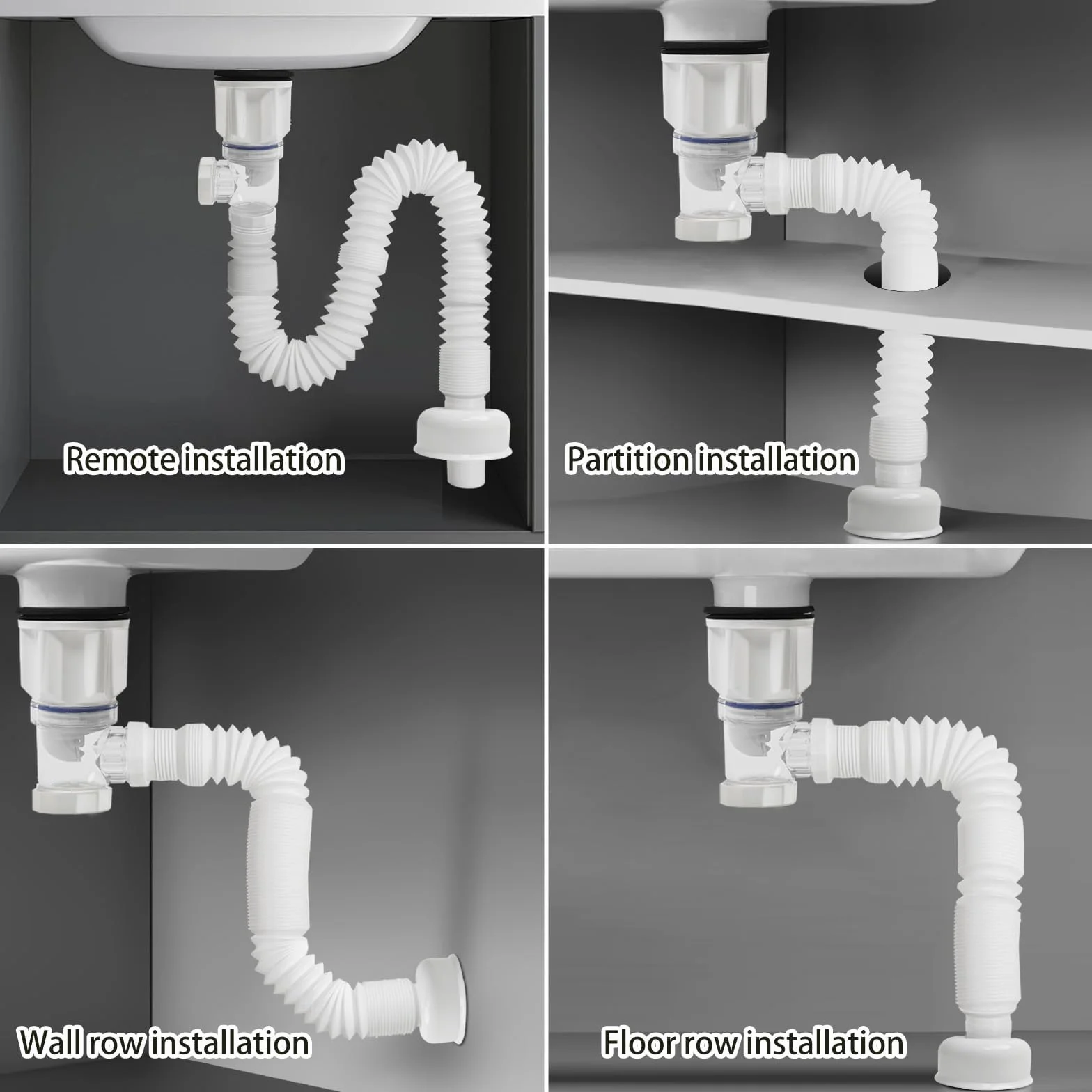 Sifón Lavabo Flexible Kit, Desague Lavabo con Tubo Fregadero y Filtro Emergente, Blanco