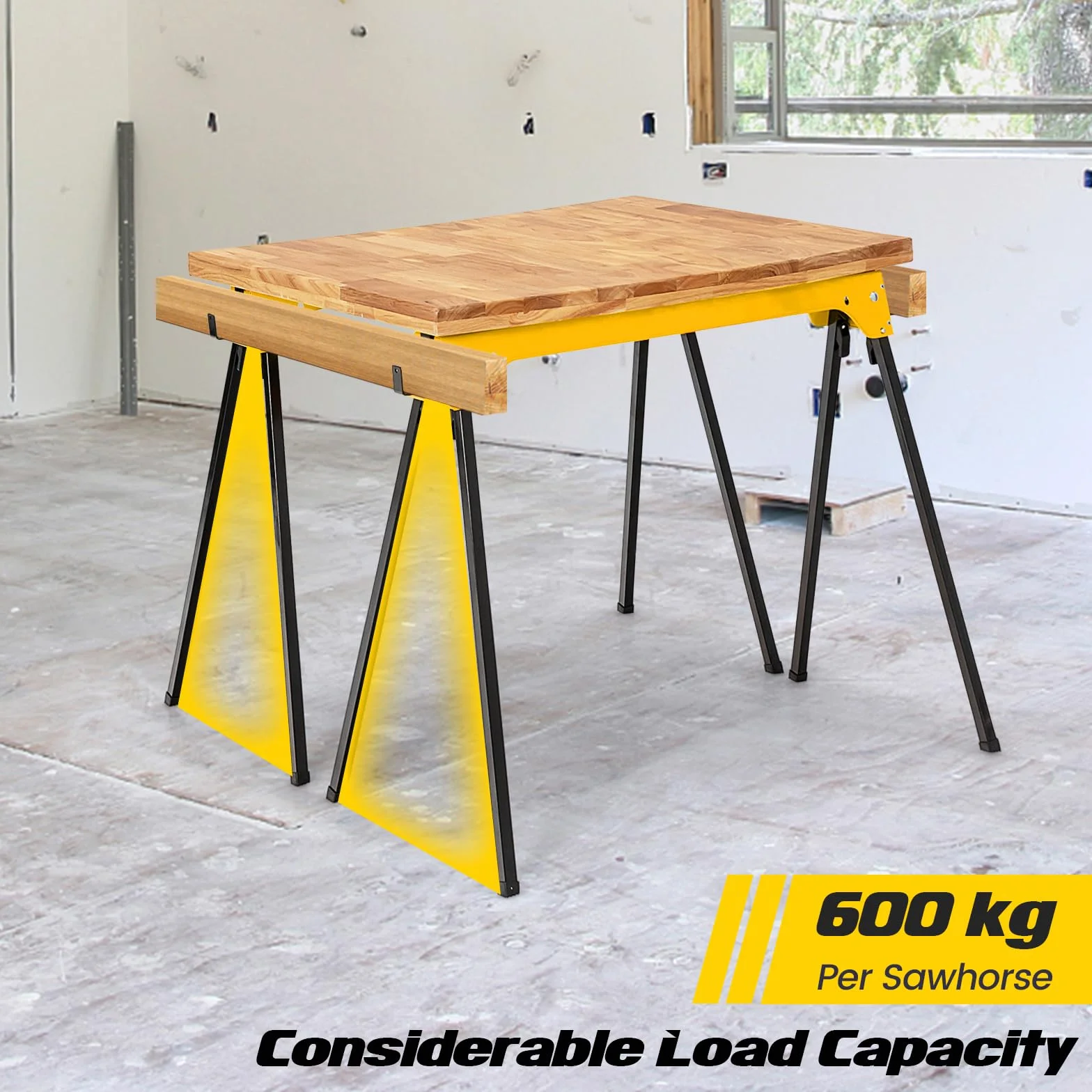 GOPLUS Pack de 2 caballetes de sierra plegables, andamios portátiles con mango cómodo y brazos de apoyo desmontables 2 x 4, capacidad de peso de 600 kg por caballete, no requiere montaje