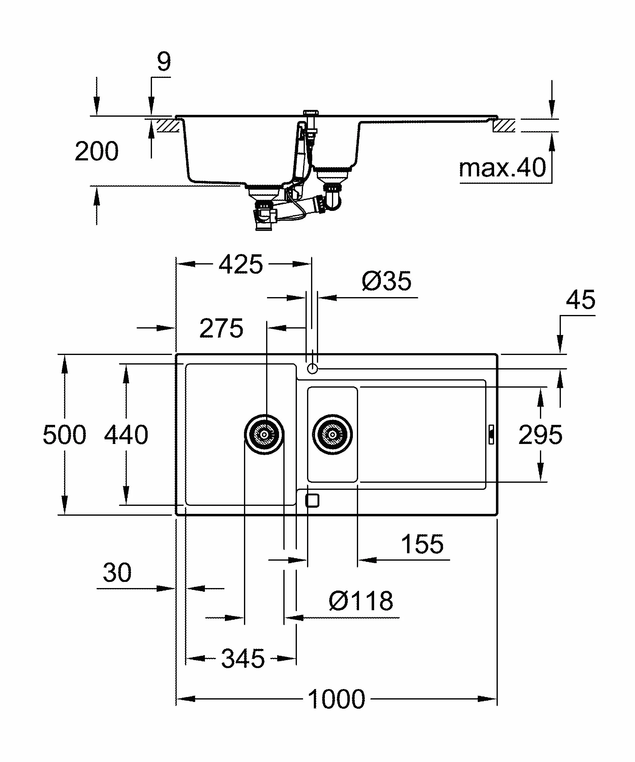 Grohe 31646AP0 - K500 Fregadero y mitad y desagüe, Gris (Granite Black), 100 x 50 cm