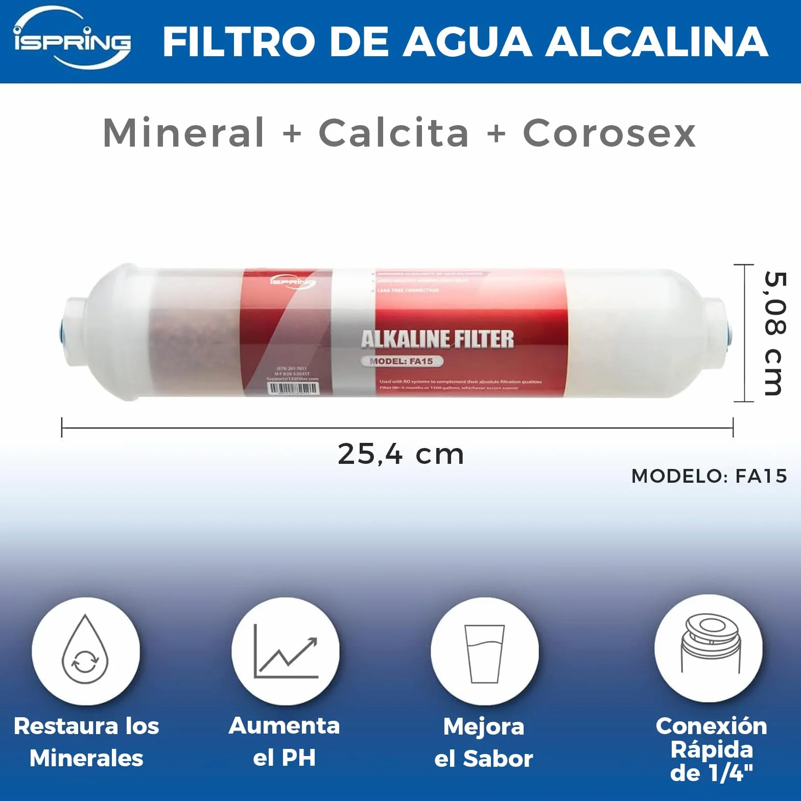 iSpring FA15 Cartucho de Filtro de Agua Alcalina para de Ósmosis Inversa Reemplazo o Complemento de Conexión Rápida en Línea de 3 Capas de 10 Pulgadas, Equilibrio de pH y Restauración de Minerales