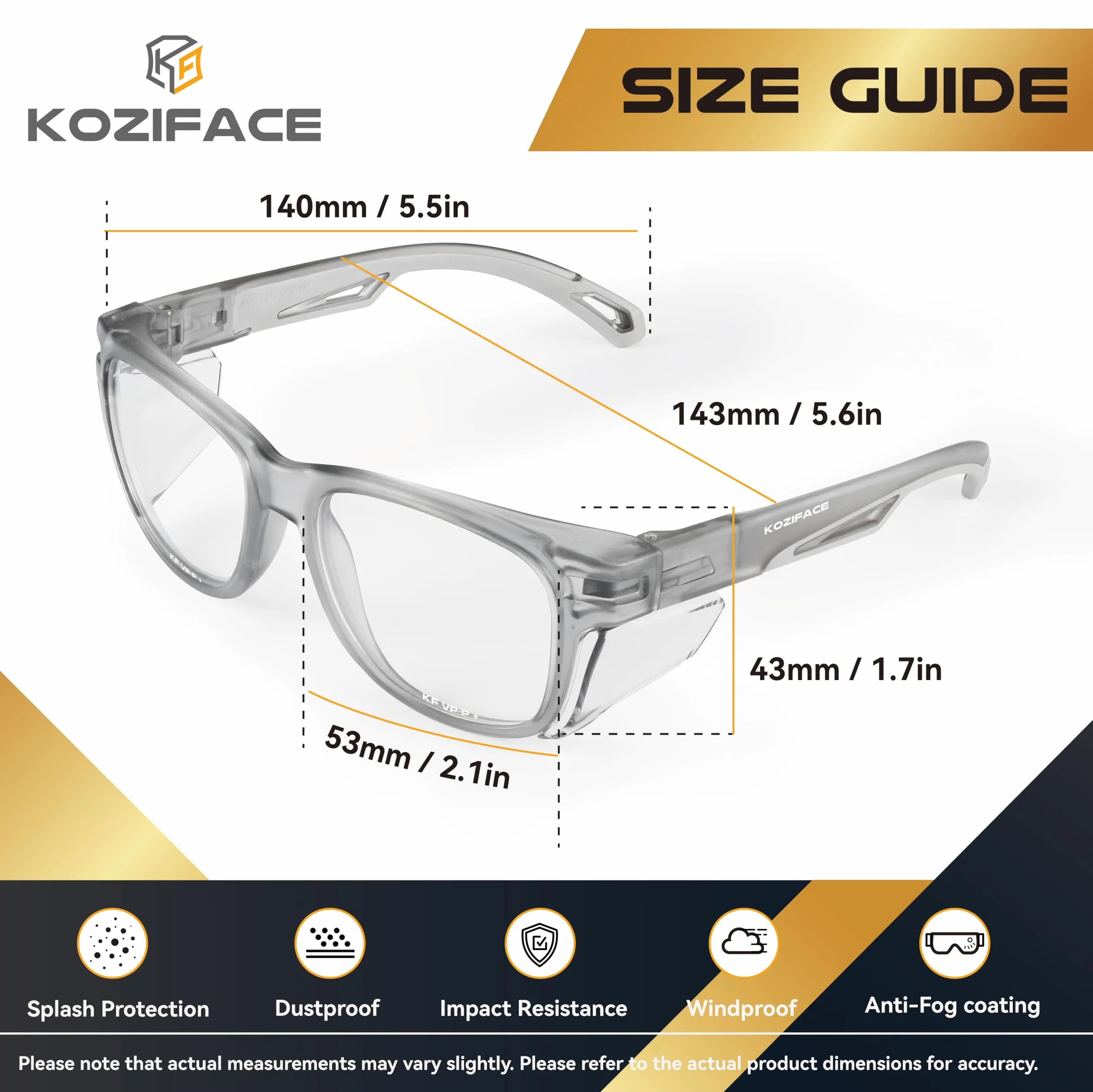Koziface E52G - Gafas de seguridad para hombres y mujeres, elegantes gafas protectoras de trabajo con luz negra, antivaho con protectores laterales, lentes transparentes, agarre antideslizante