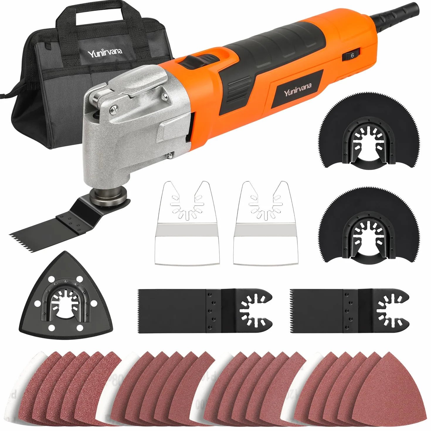 Yunirvana Multiherramienta Oscilante 300W, Herramienta multifunción 15000-22000RPM con ángulo de oscilación de 3°, 6 Velocidades,con 32 Accesorios de accesorios y bolsa de transportepara