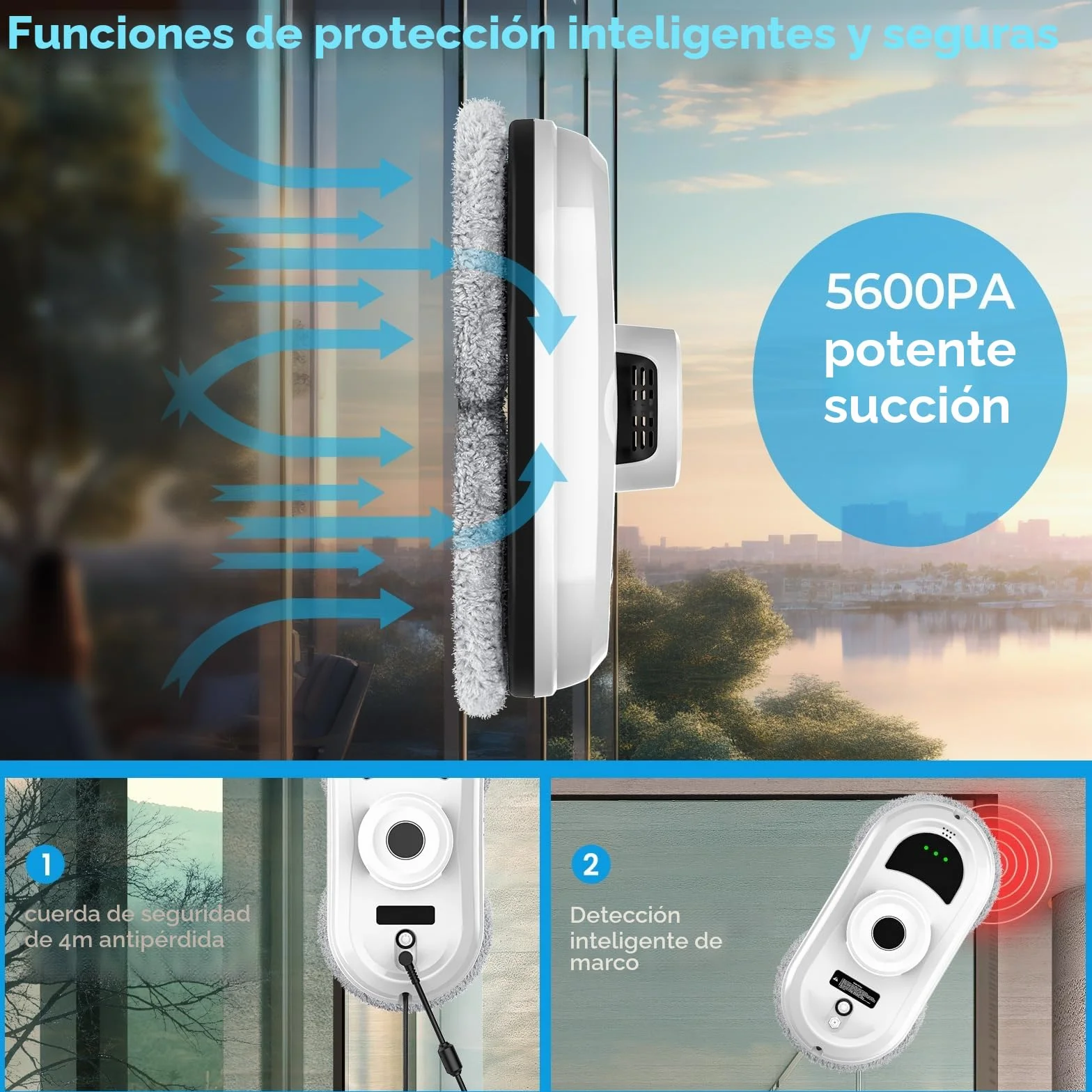 Robot Limpiacristales, Limpiacristales Electrico Ventanas con Succión 5600 Pa, 3 Modos de Limpieza, Sistema de Seguridad, Planificación Inteligente de Rutas y Detección de Bordes, Control Remoto