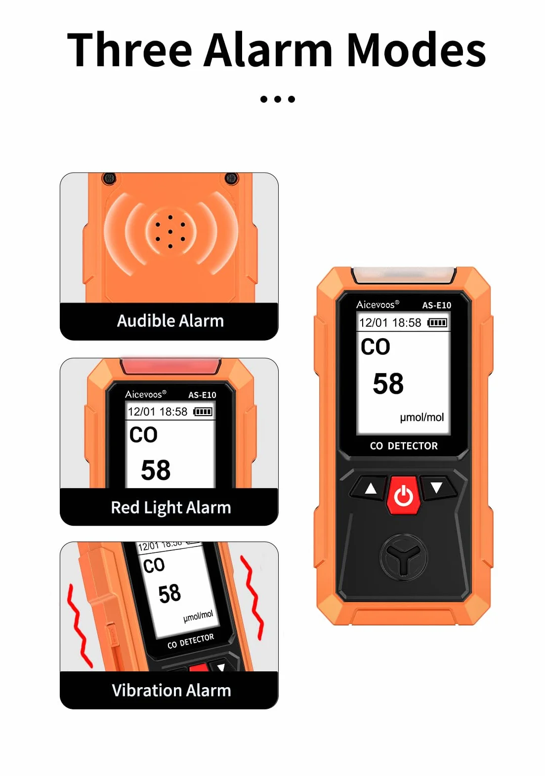 AS-E10 Detector de Monóxido de Carbono Portátil, Medidor Monóxido de Carbono con Alarma Sonora y Visual, 0-2000PPM, Alarma de CO, Pantalla LCD Retroiluminada, para Casa, Coche, Camping