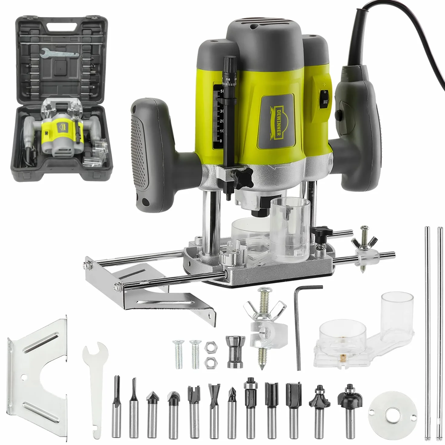 DEWINNER Fresadora eléctrica para madera,Carpinteros herramienta Fresadora 1200 W,16000-30000 RPM,12 accesorios de fresadoray y estuche de transporte