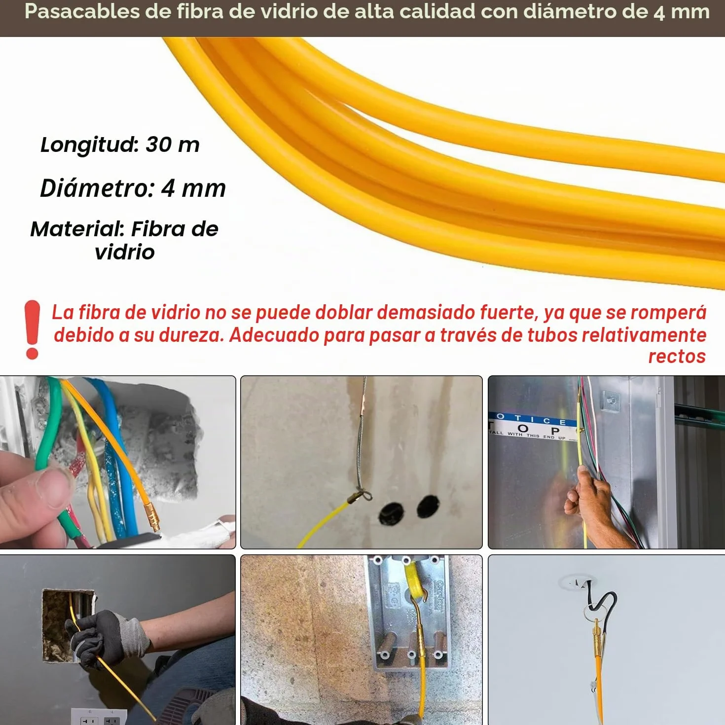 Cinta retráctil Guia Pasacables Trenzada 30m Guia Cables 4mm Alambre De Tracción Fibra de Vidrio Ayuda de Extracción de Cables para Tirar de Cable Guía Enhebrador de Alambre Electrico con Carcasa