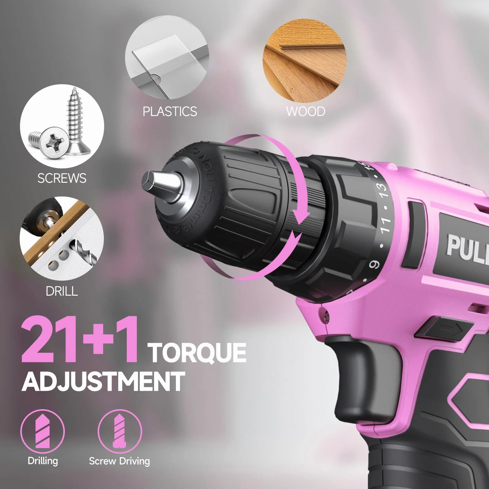 PULITUO 12V taladro inalámbrico, juegos de brocas de perforación de gran alcance con la batería de Li-Ion, 21 + 1 Ajuste de par, 3/8 "pulgadas portabrocas sin llave, taladro eléctrico.