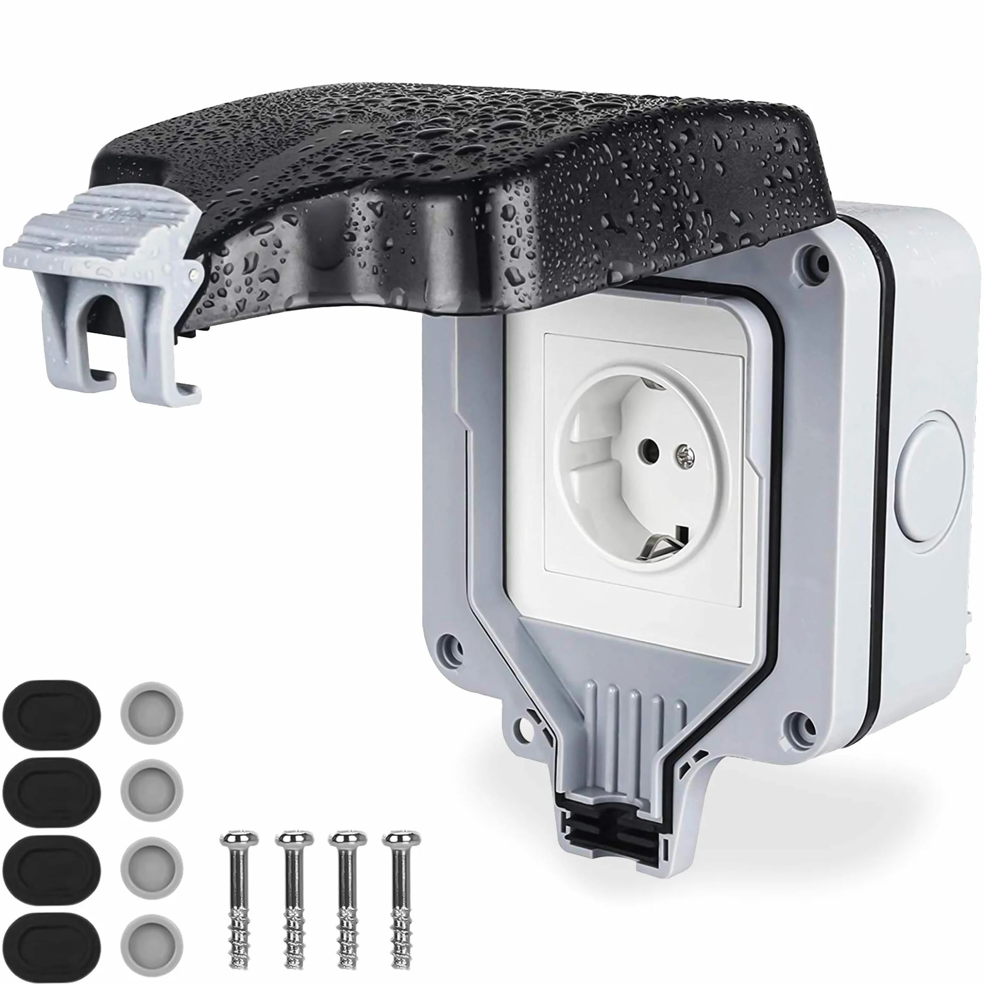 Toma de Corriente Exterior, con Interruptor Impermeable IP66, Tomacorrientes de pared con Tapa, Enchufes 13A, para Jardín y Tomacorriente Externo, Gris
