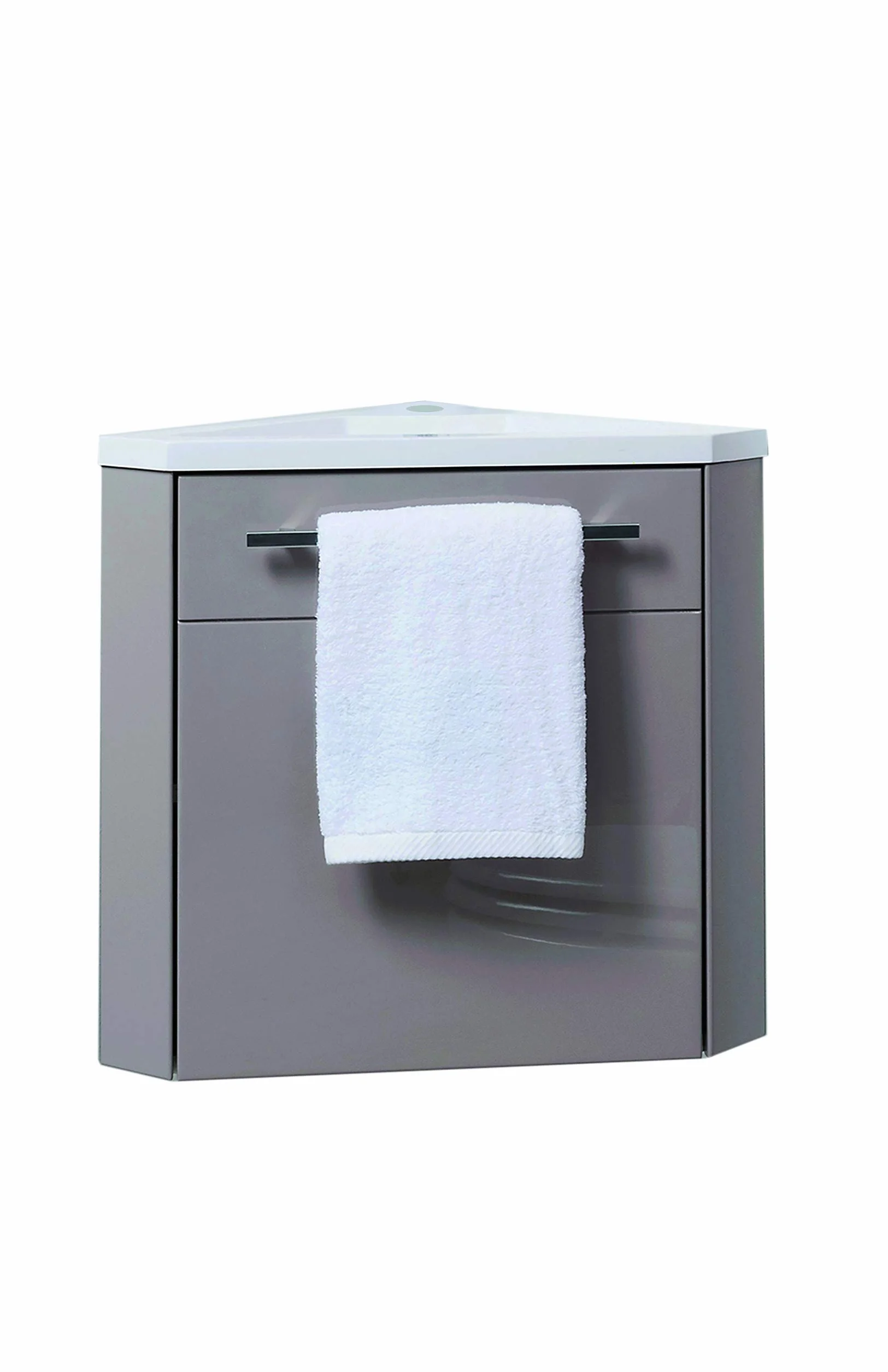 Mueble de lavabo suspendido colección NINO - mueble de esquina compacto - varias opciones de color. Encimera de resina extra plana sin rebosadero - 1 puerta - cierre suave - Ancho 53cm - lacado topo