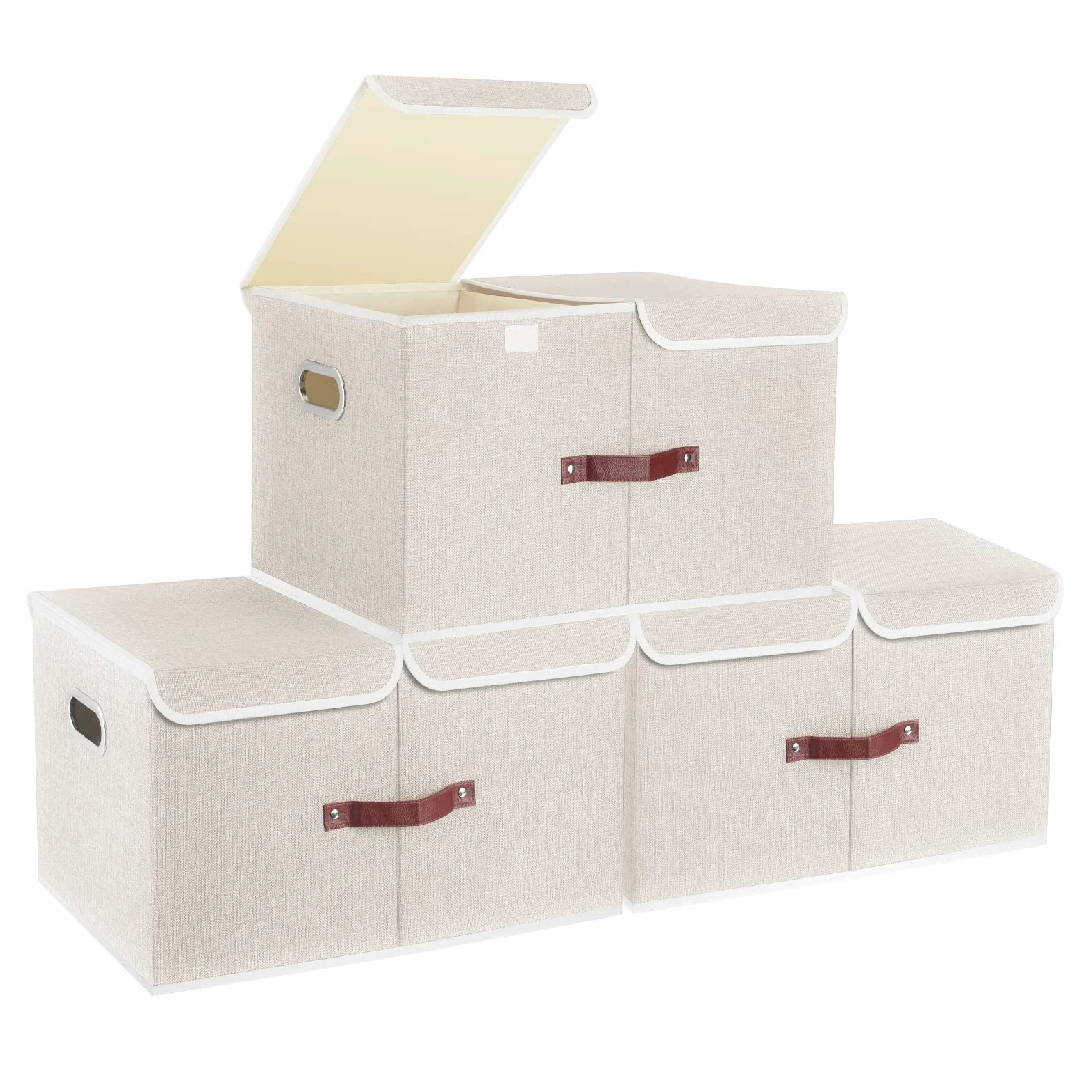 TYEERS Caja de Almacenaje con Compartimentos Extra Grande, Tela, Plegable, Caja Organizadora, 55x33x30 cm, Juego de 3, Beige
