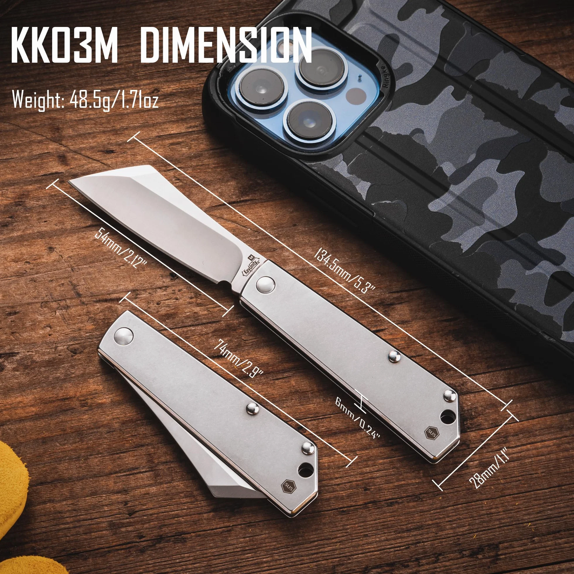 KeyUnity KK03M Cuchillo plegable pequeño Cuchillo de hoja fija, Cuchillo de bolsillo EDC de acero inoxidable para hombres y mujeres