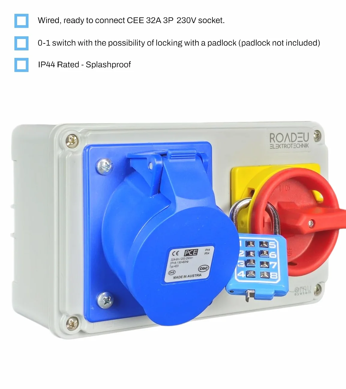 RoadEu - Enchufe de pared CEE 32A 3P 230V con interruptor principal 0-1 - Distribuidor de corriente con bloqueo - IP44 resistente a la intemperie - para taller, jardín, garaje