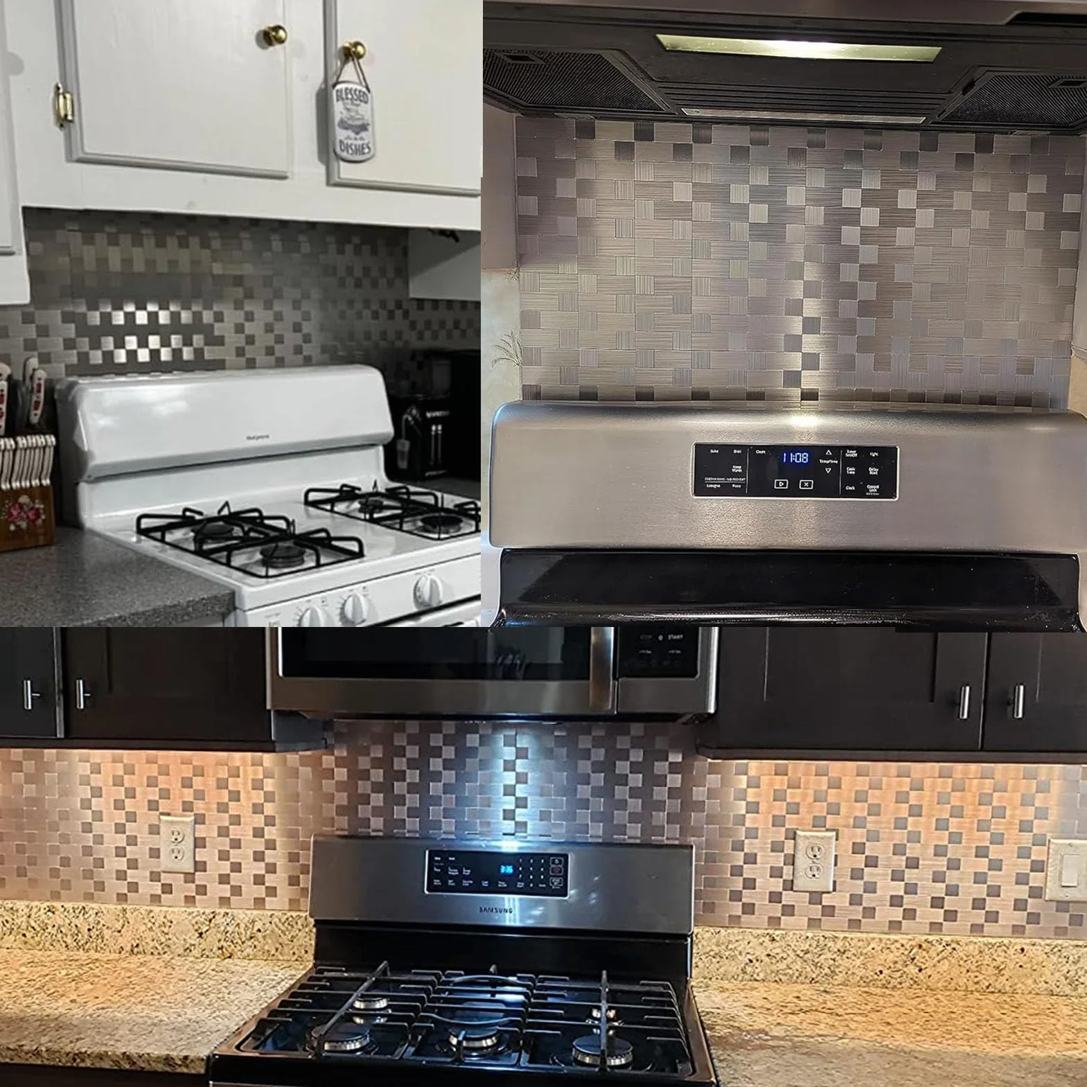 Yipscazo 20 hojas de acero inoxidable para despegar y pegar para cocina, azulejos inteligentes de metal de 12 x 12 pulgadas para paredes de baño y lavandería