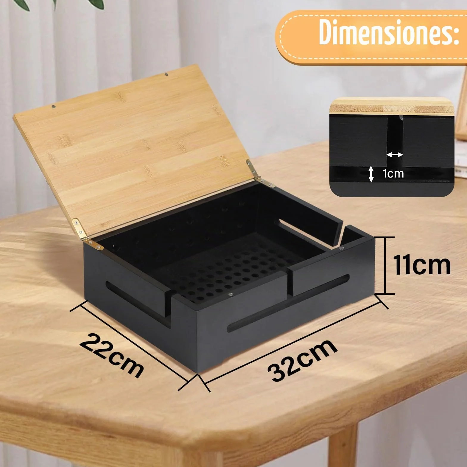 DBREAKS Caja de gestión de cables y organizadora de cables con tapa magnética de bambú y bridas, caja para montaje en la pared