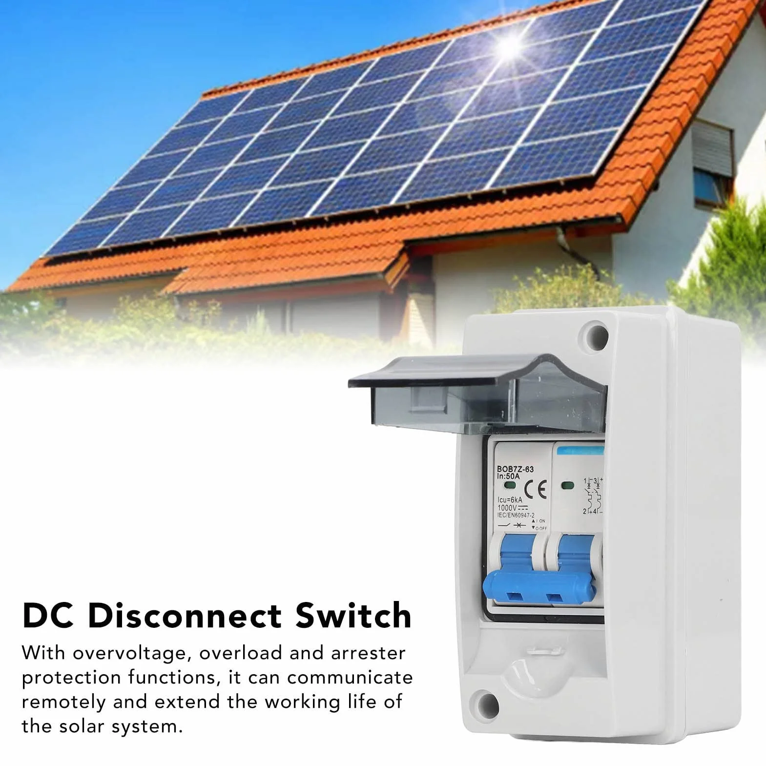 Asixxsix Interruptor de circuito en miniatura CC, 2 polos, 1000 V, 50 amperios, interruptor de desconexión solar con caja impermeable IP65, aislador de circuito fotovoltaico para paneles solares,