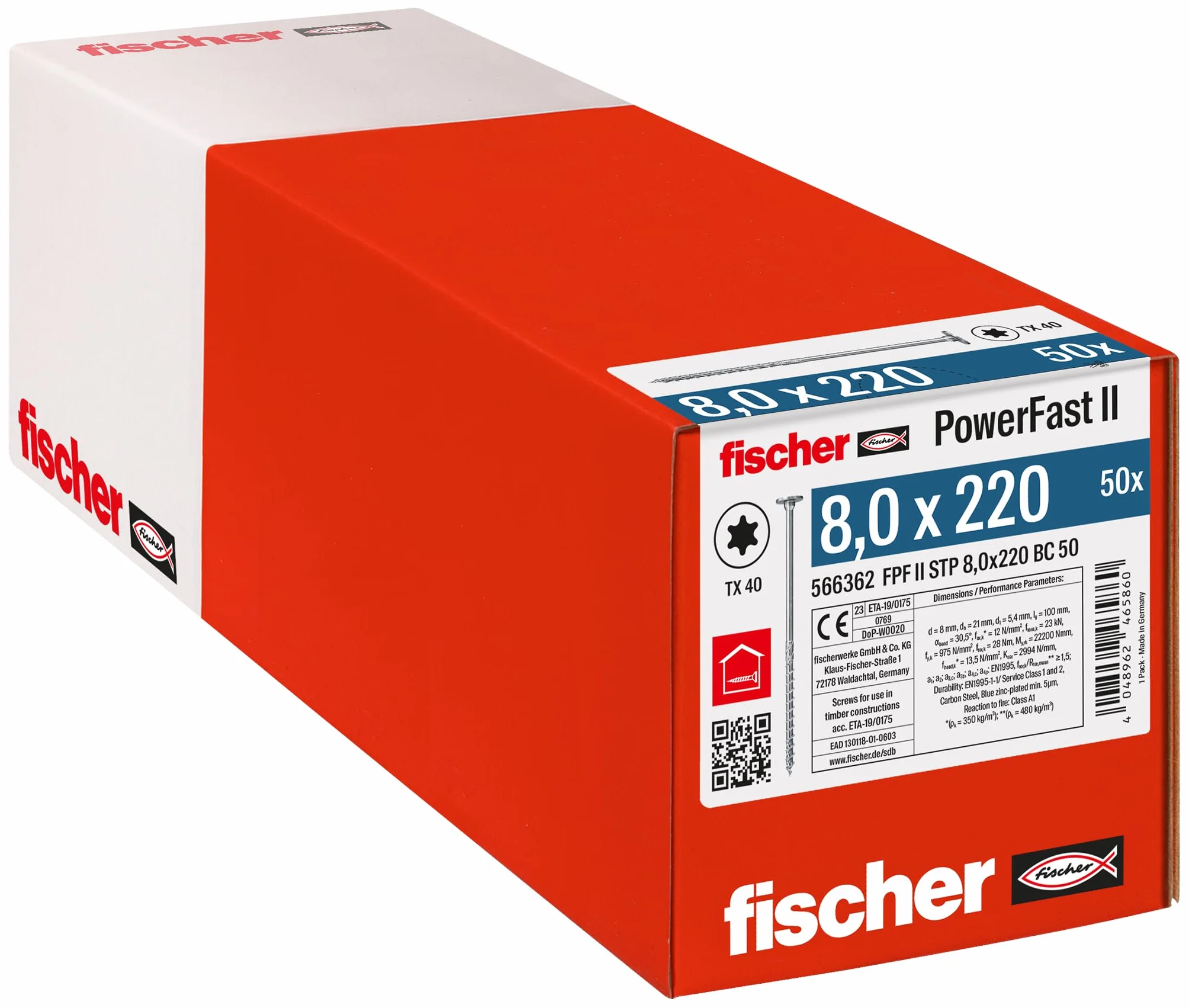 fischer PowerFast II 566362 STP - Tornillo para madera (8,0 x 220, 50 unidades), color plateado