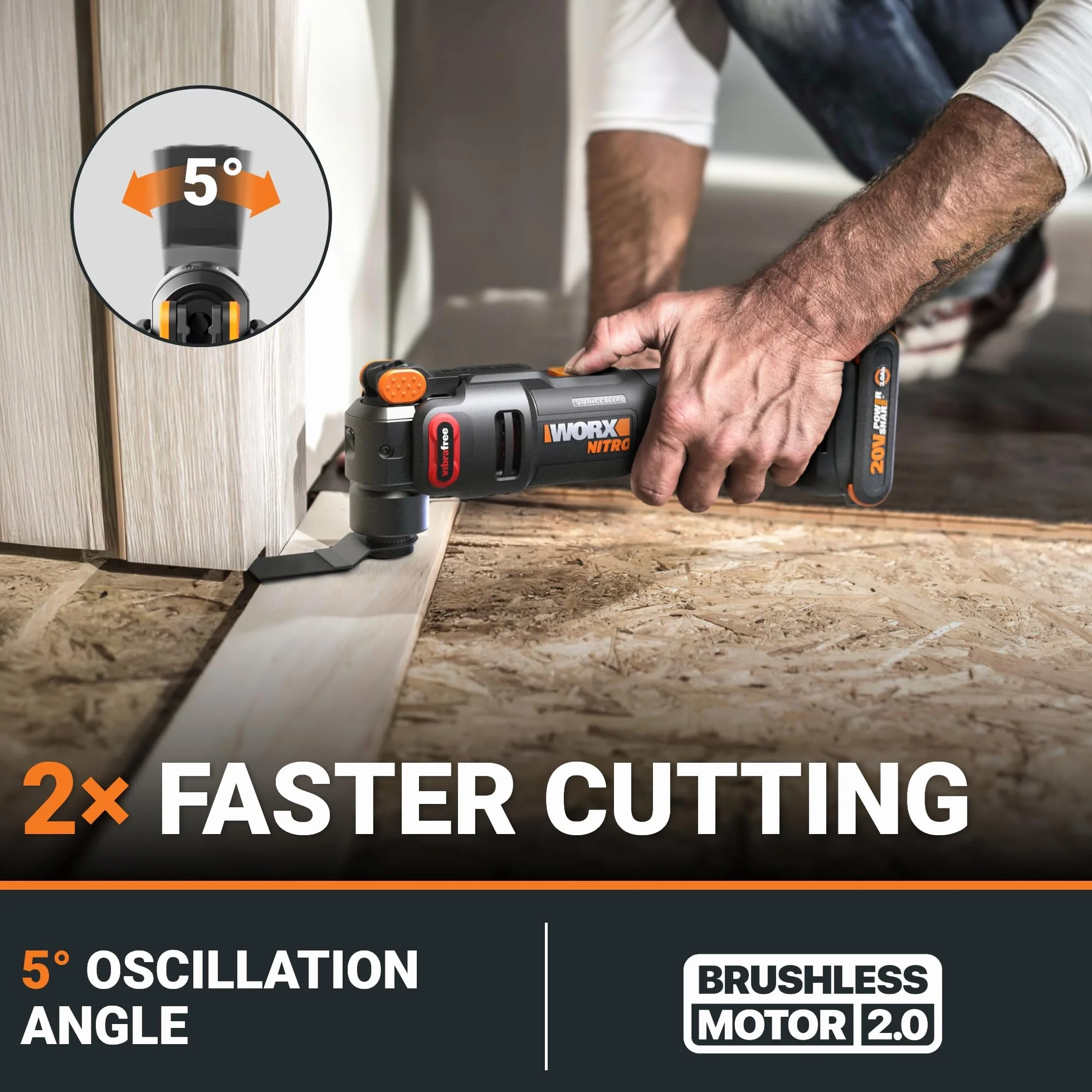 Worx Nitro 20V Cordless Oscillating Multi Tool with 5° Oscillation Angle, VibraFree Technology, Slim-body Design, Tool Only, 23 Pieces Accessories with Carrying Bag, WX698L.9