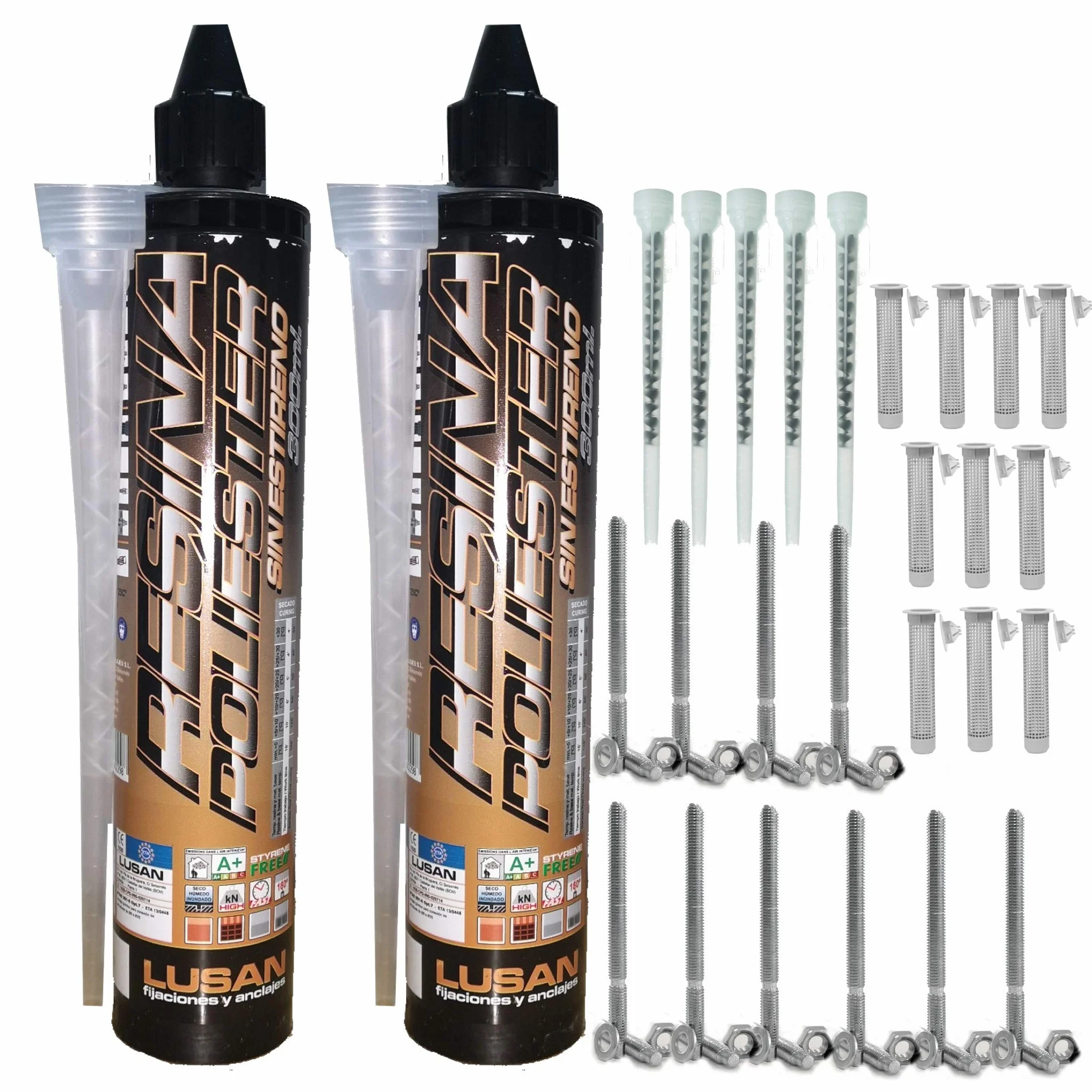 BricoLoco Kit Anclaje Adhesivo 2 Taco químico poliéster sin estireno 300 mm. + 5 cánulas + 10 tamices + 10 varillas). Bricolaje doméstico y profesional