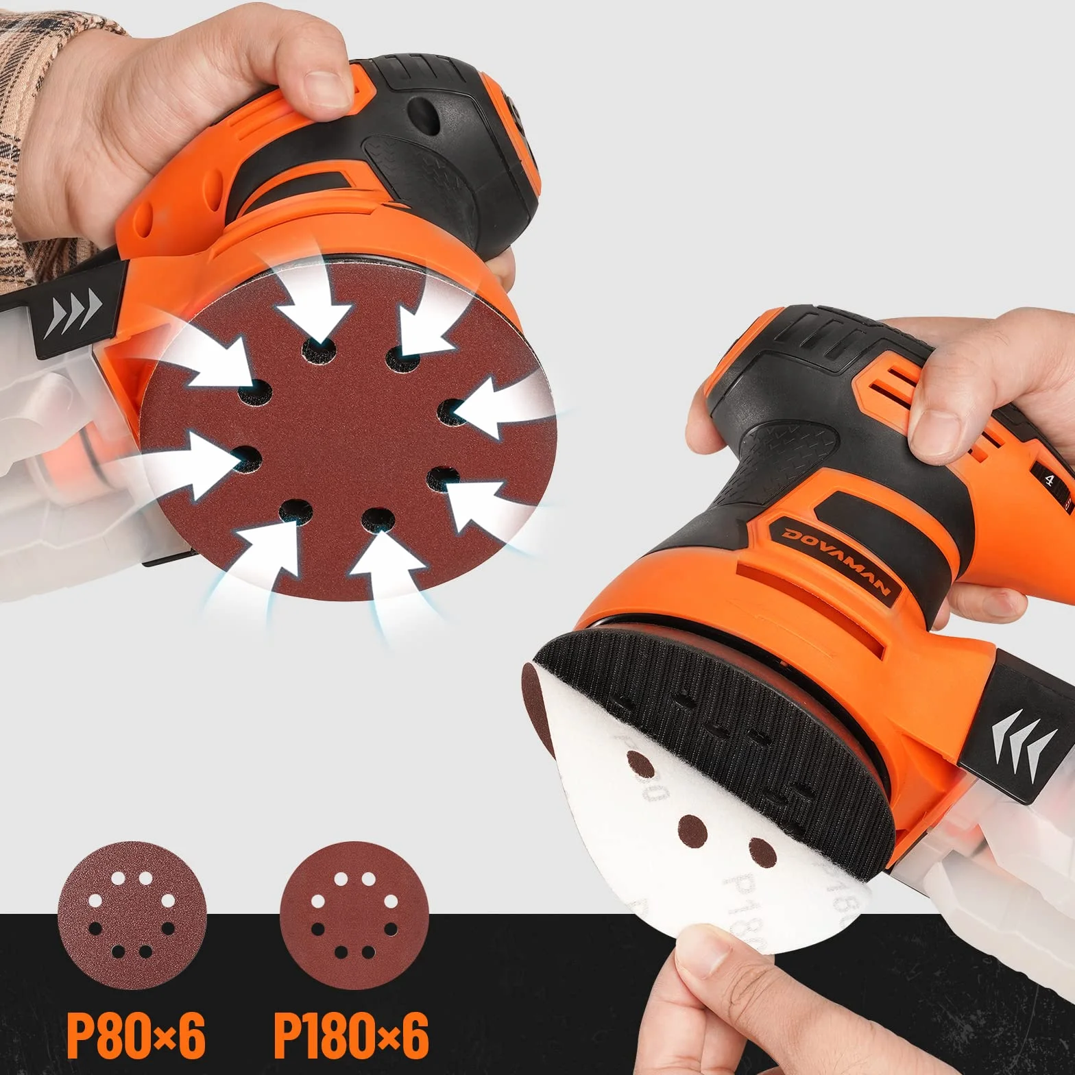 DOVAMAN ROS01A 350W Lijadora Orbital, 6 Velocidades, 13000 RPM, 12 Hojas de Papel de Lija, Disco de 125 mm, Recogida de Polvo, Lijadora Eléctrica Ideal para Superficies de Madera y Acero