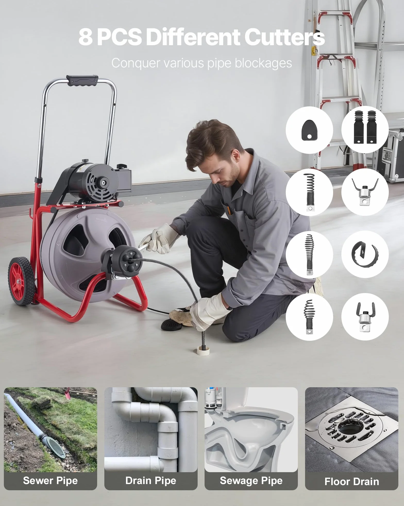 VEVOR Desatascador de Desagües Eléctrico 30 m x 9,5 mm, Máquina de Limpieza de Tuberías con Alimentación Automática, Tambor de Plástico, Limpiador de Tubos de Drenaje para Tuberías de 5-10 cm