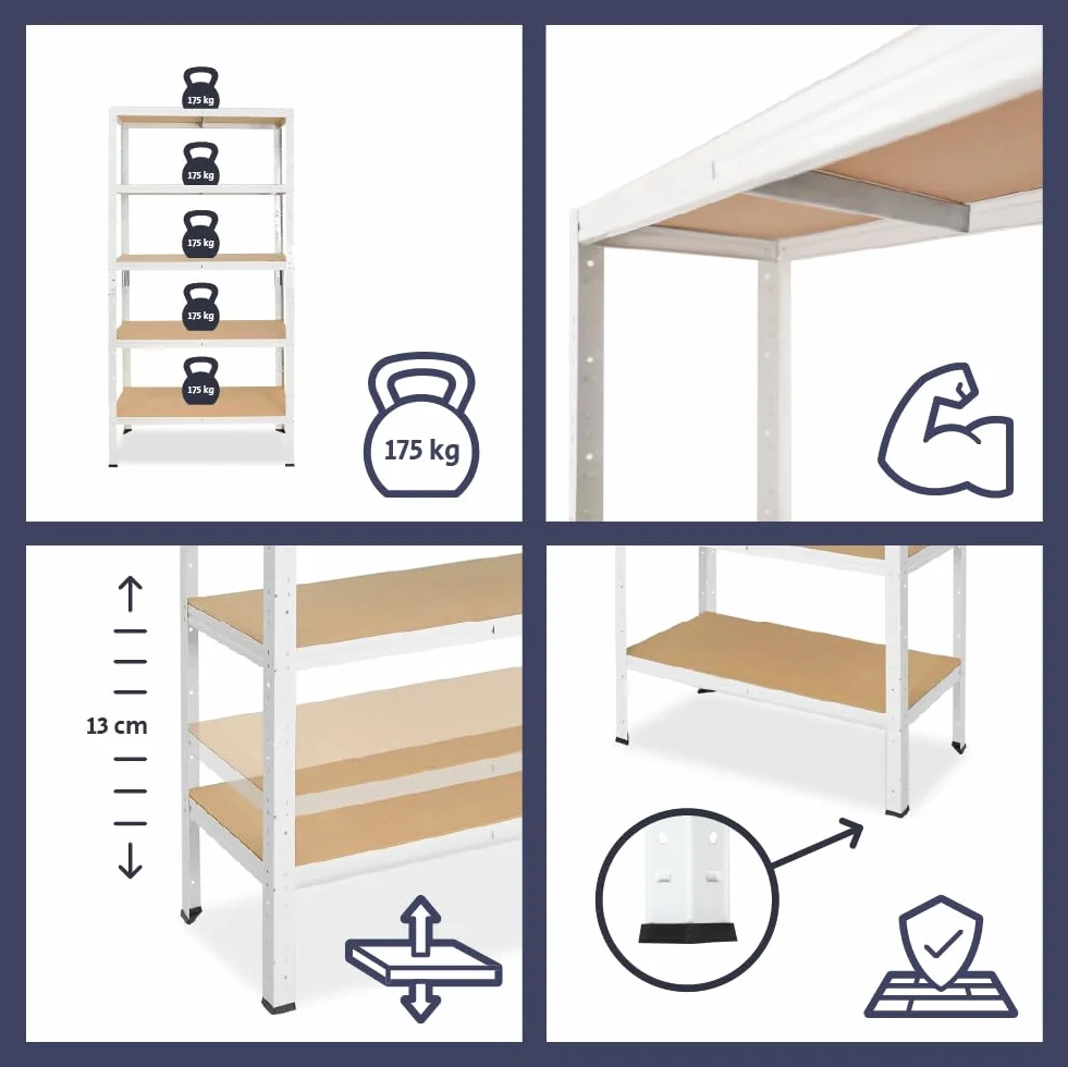 shelfplaza Home 180x80x40 cm Estantería Pesada en Blanca con 5 baldas y 175 kg de Capacidad de Carga por balda