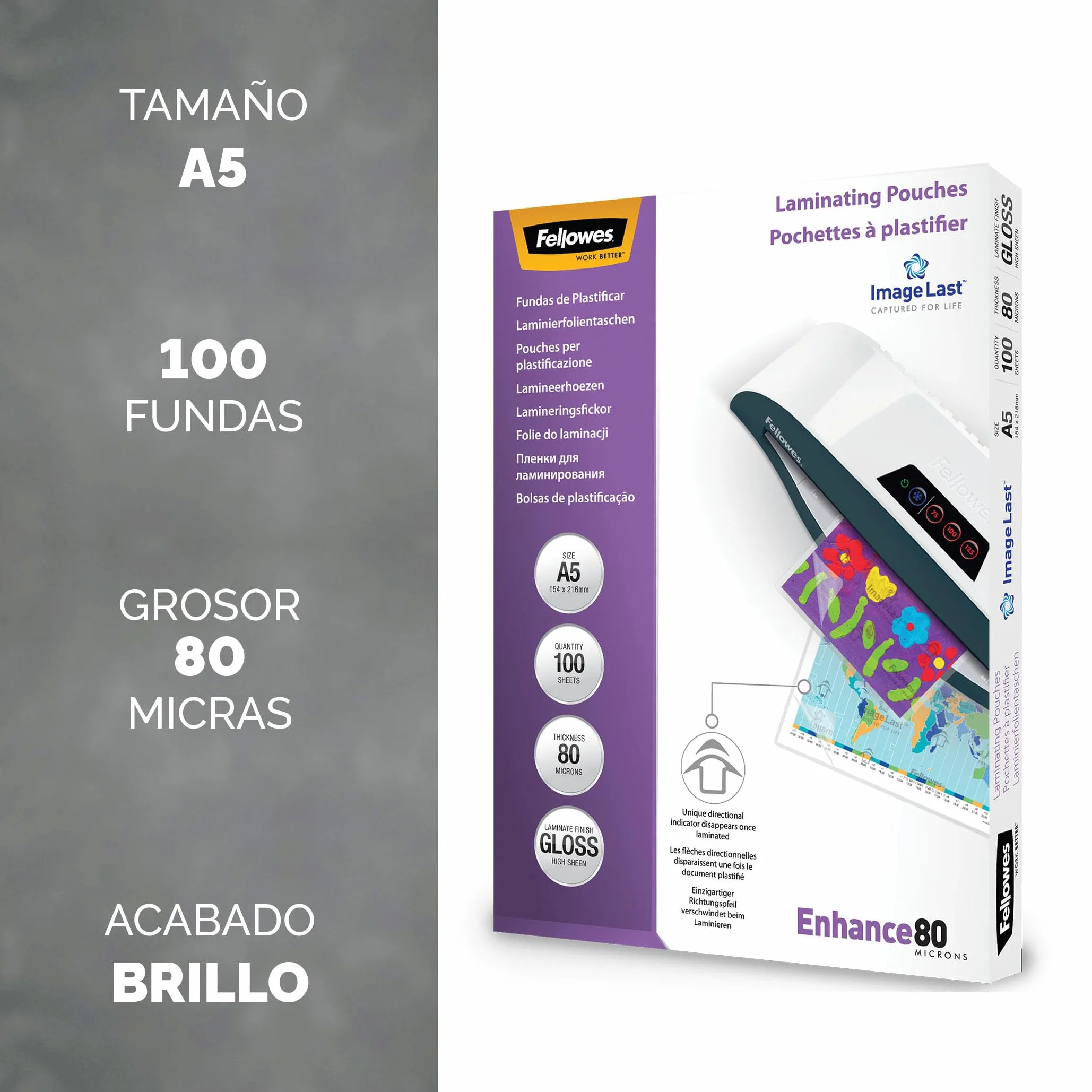 Fellowes Bolsa de plastificar brillo A5 80 micras pack 100 unidades