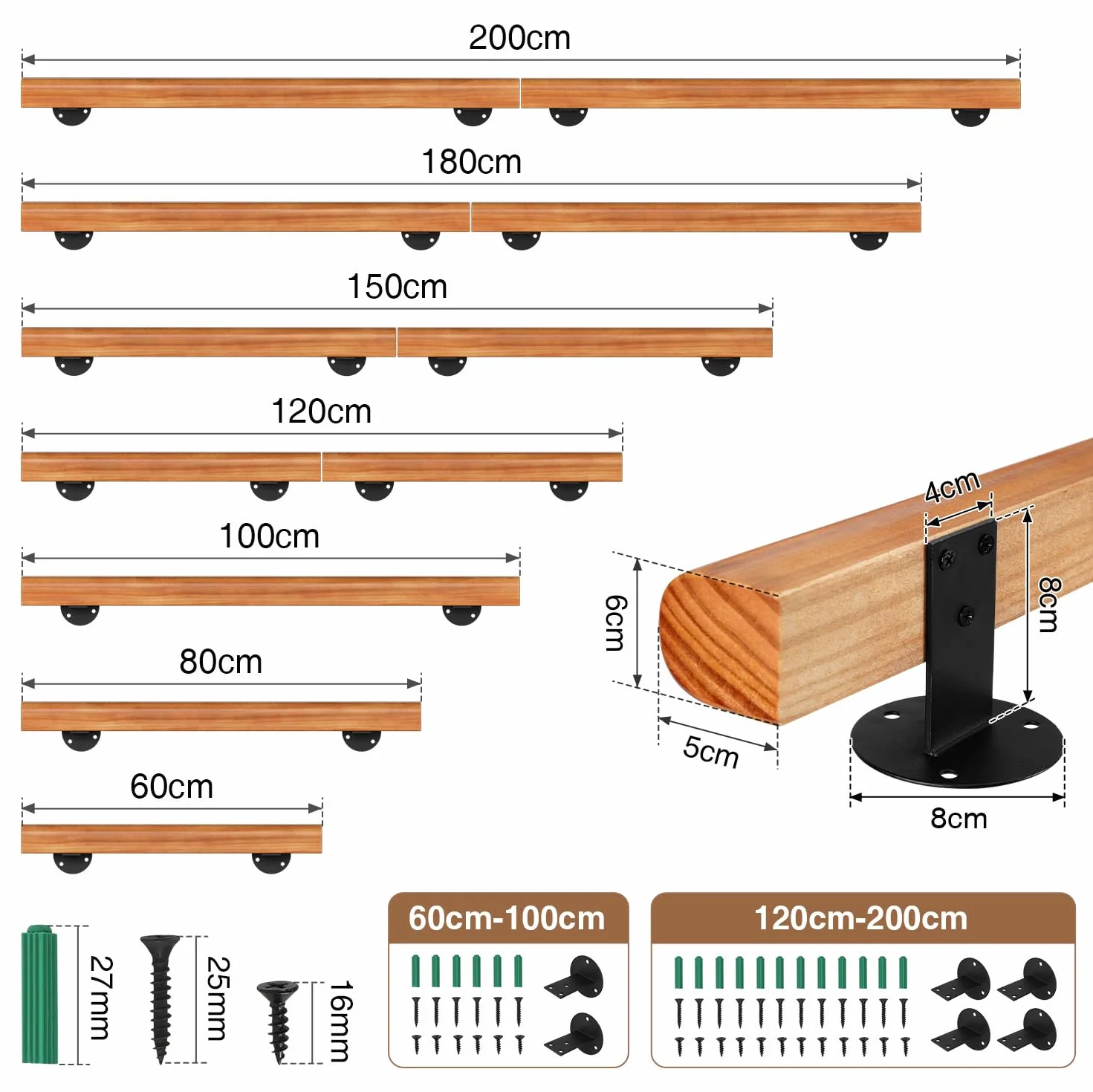 Pasamanos de madera de pino, 80 cm, pasamanos montados en la pared, madera semicircular, pasamanos de madera antideslizante con soportes de pared, material de montaje, nogal claro