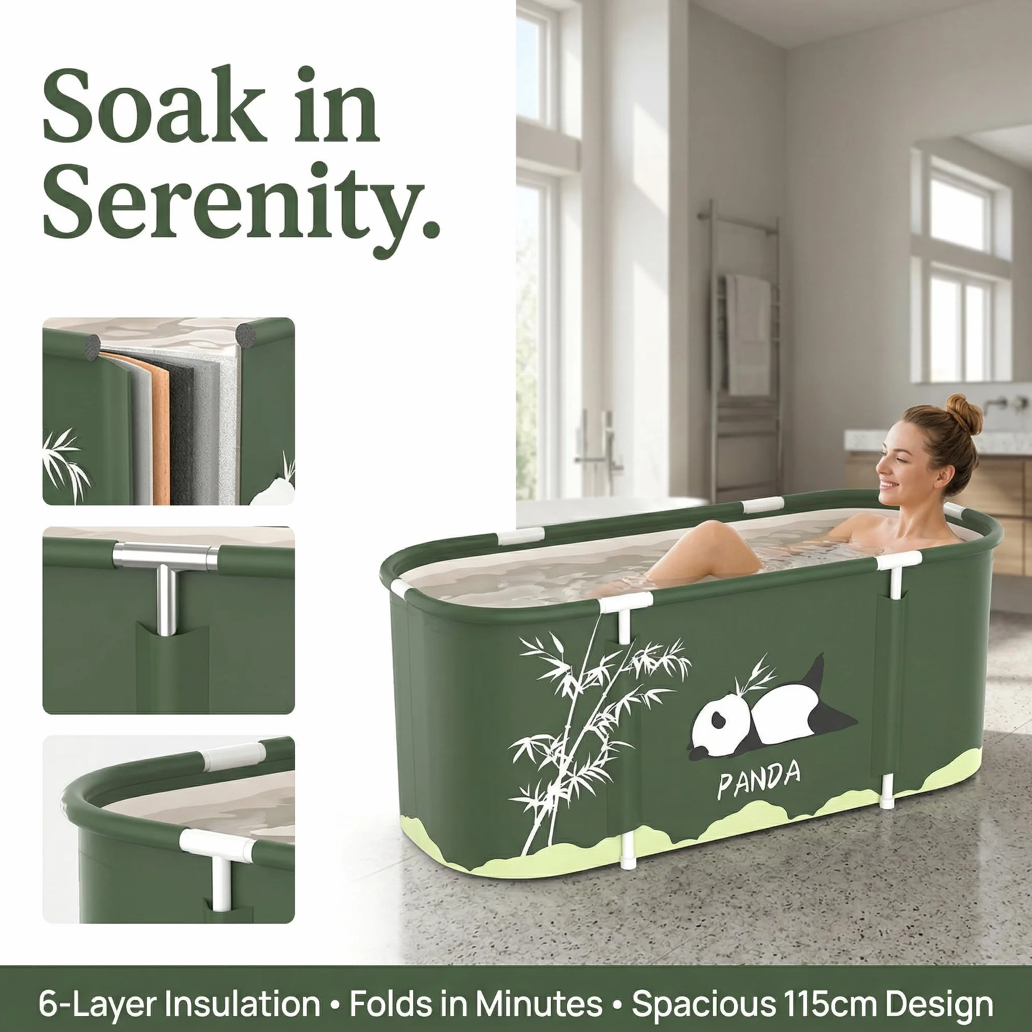 Bañera plegable para adultos, bañera móvil aislada de 6 capas, 115 x 50 cm, con cojín de asiento, tubo de drenaje y bolsa de transporte, bañera plegable reutilizable para el hogar, jardín, camping