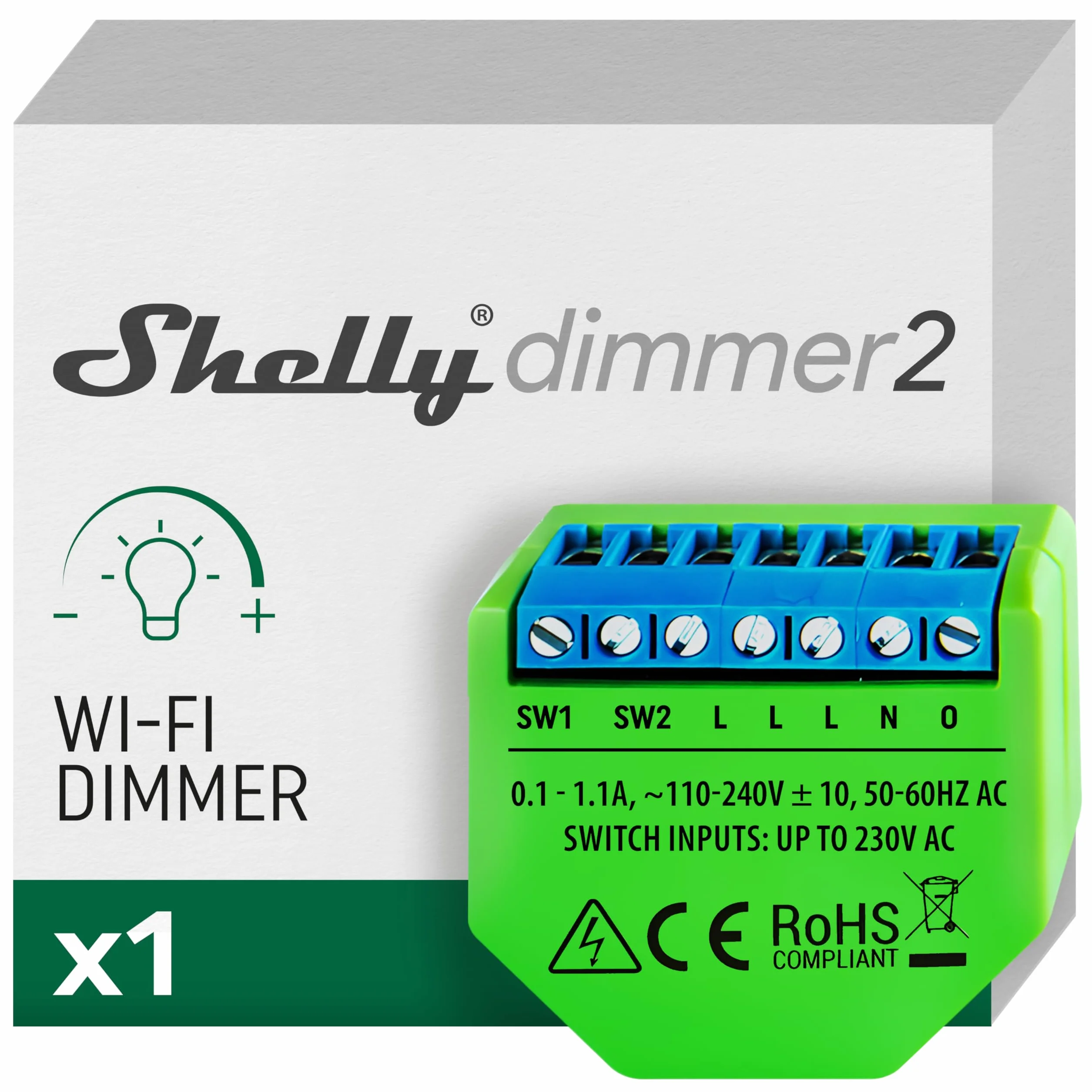 Shelly Dimmer 2, Módulo Regulador de Luz W-Fi, Atenuador Inalámbrico, No necesita neutro, LED 10-220W, incandescentes/Halógenas 1-220W Compatible con Alexa & Google Home, iOS Android App