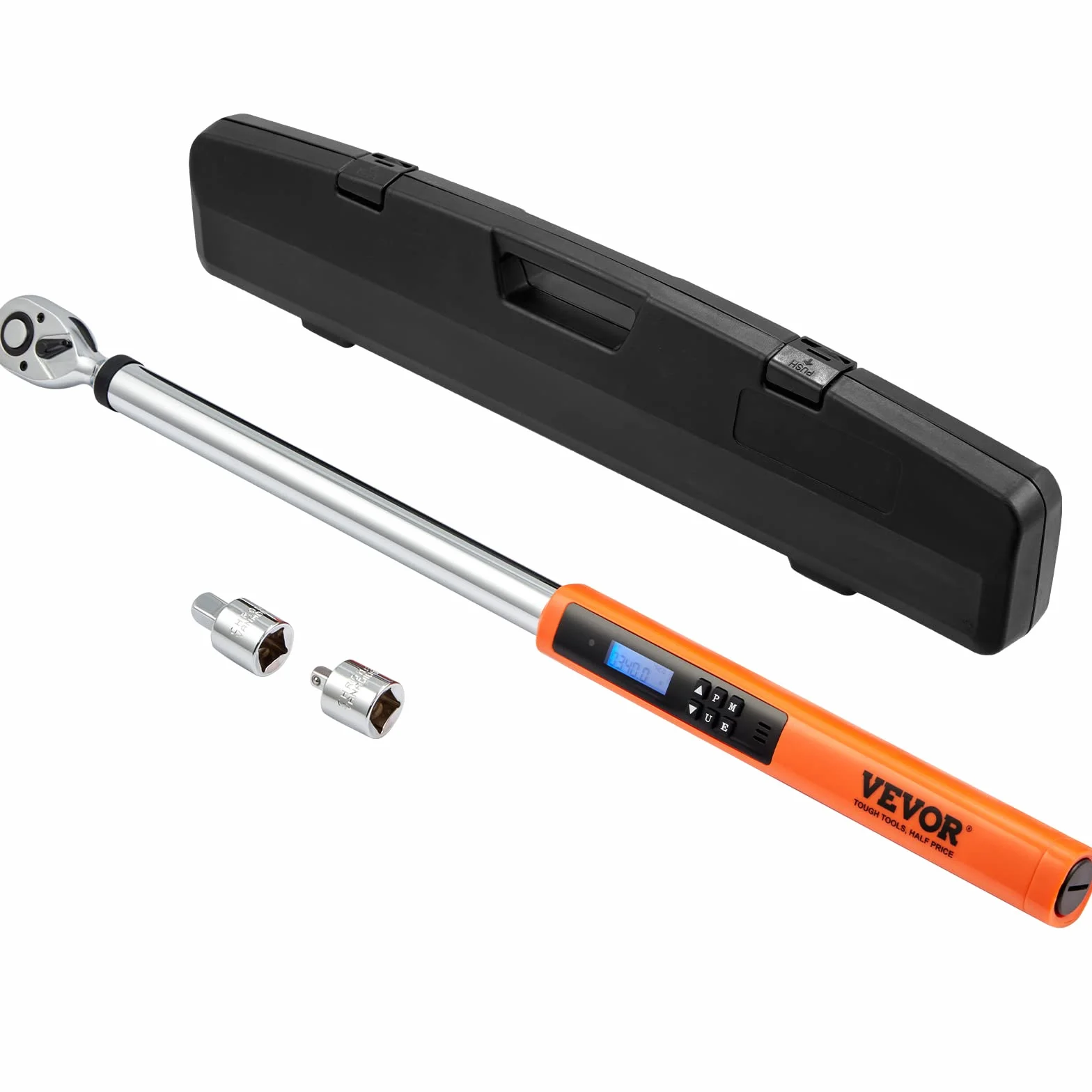 VEVOR Llave Dinamométrica Digital 1/2" Llave de Torsión 34-340 N.m Precisión ±2% Llave de Carraca Ajustable 72 Dientes LED Zumbador Vibración Respaldo con Adaptadores Extensión Kit de Mantenimiento