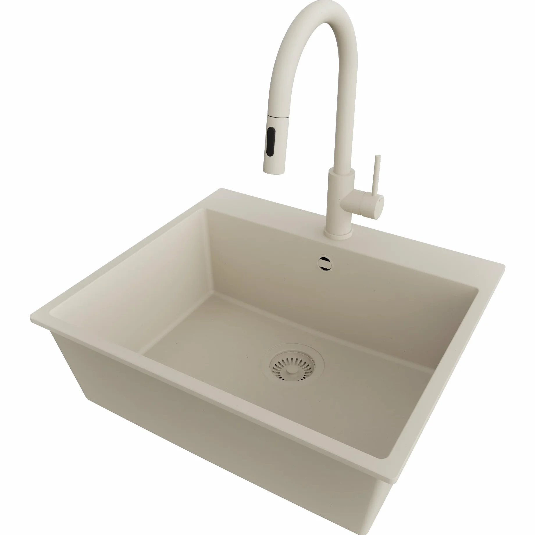 PRIMAGRAN Fregadero Granito Todo Beige 58x50cm, Cocina 1 Seno + Grifo 40x20cm + Sifón, Sobre Encimera al Mueble 60cm - Riga S330