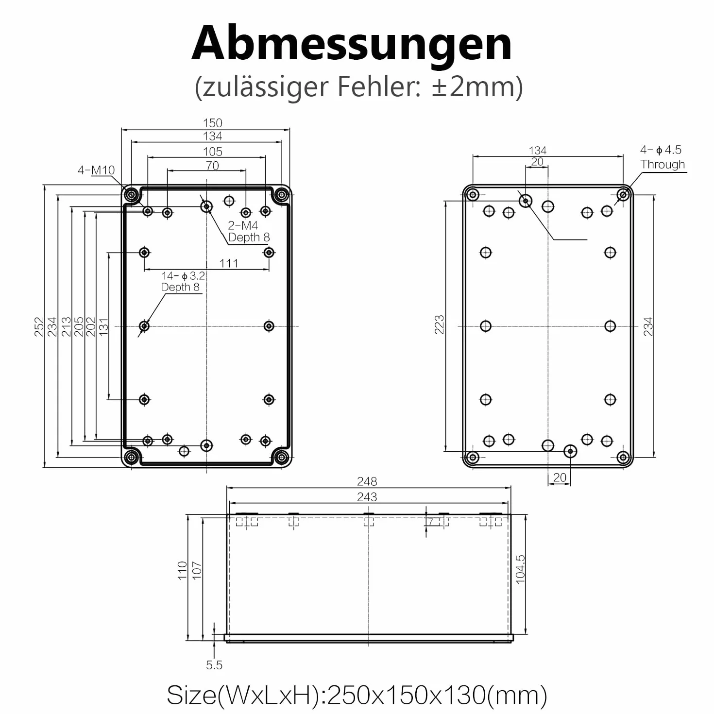 LeMotech Caja de derivación impermeable IP67, caja eléctrica de plástico ABS, carcasa a prueba de polvo para electrónica, cajas de conexiones para proyectos de bricolaje, gris, 250 x 150 x 130 mm