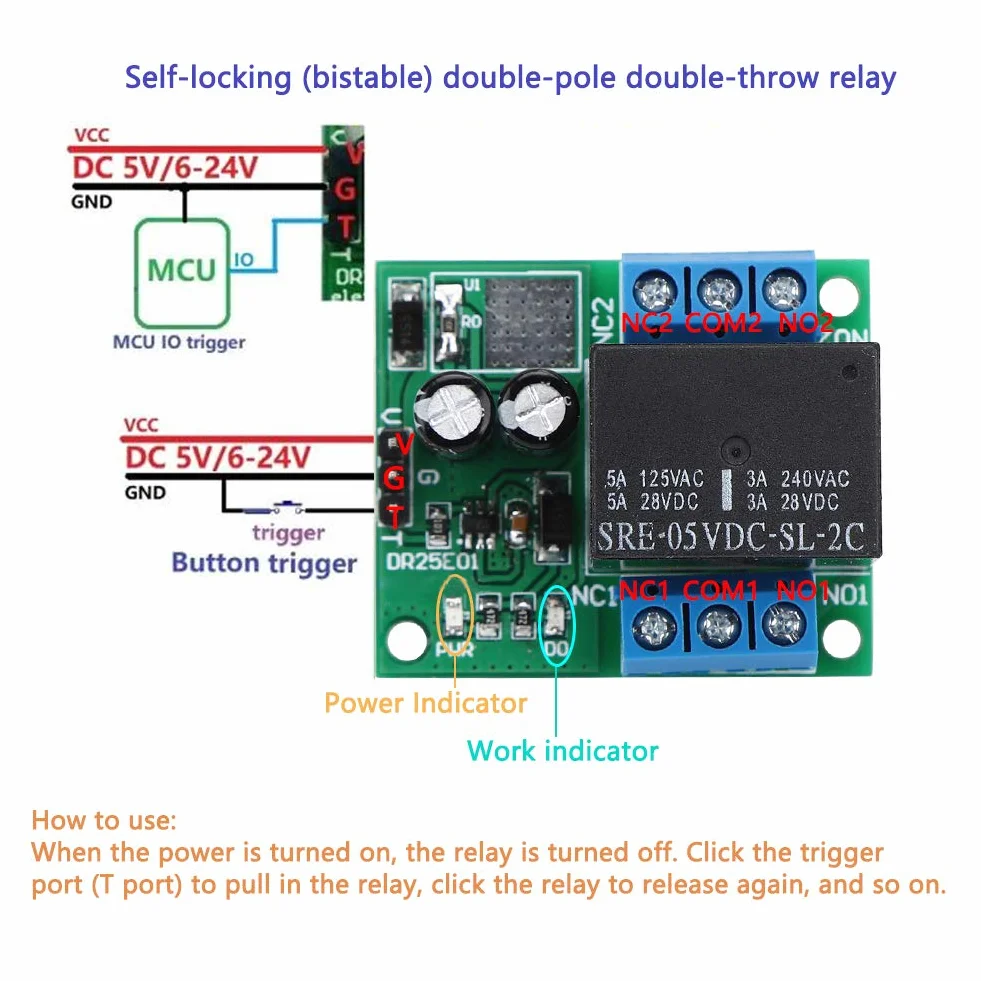 Módulo Relé Biestable DPDT 5V 12V DC con Control Pulso Bajo y LED Indicador para Automoción y Computadoras 39.5x33.3x23.3mm
