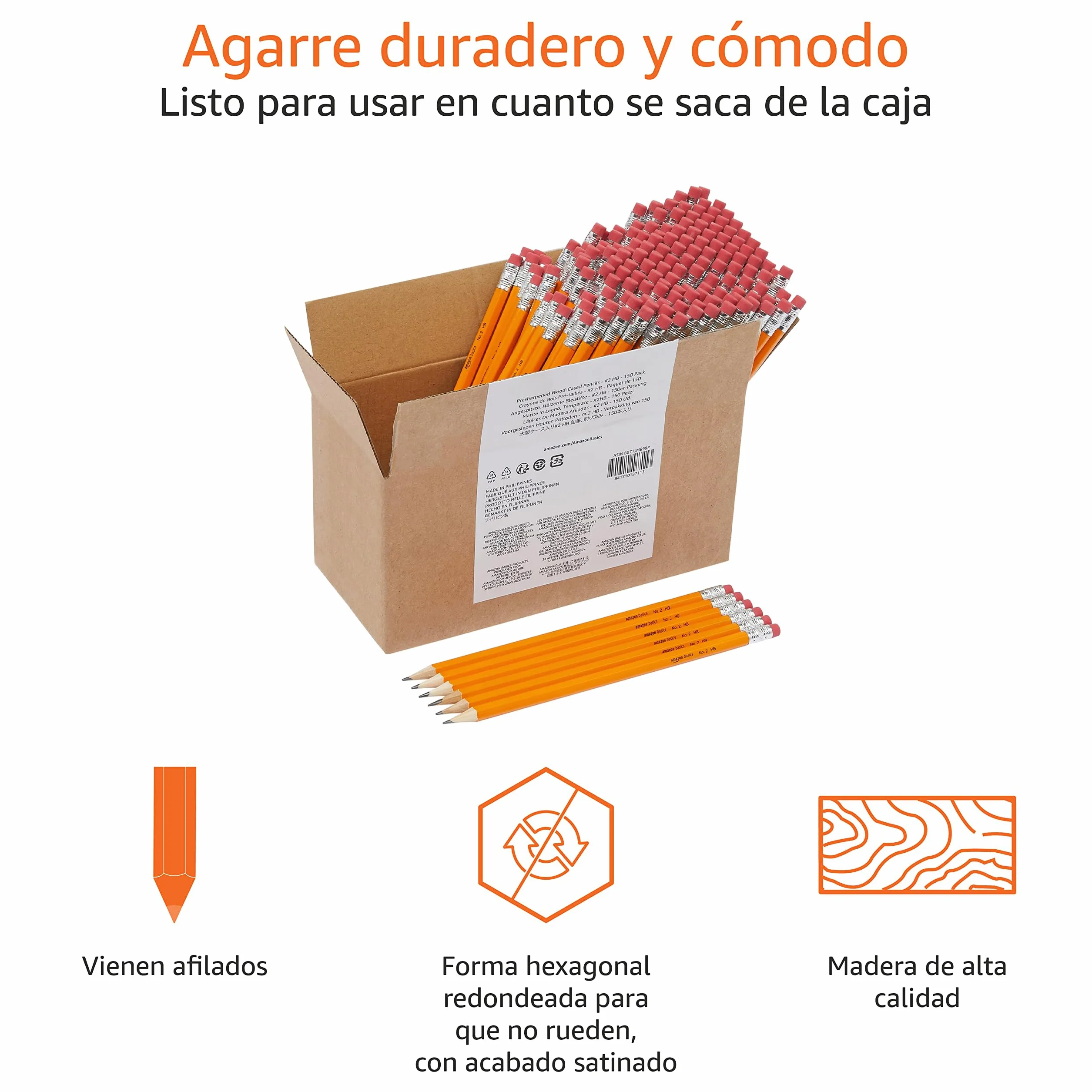 Amazon Basics Lápices 2HB de grafito, preafilados, paquete de 150