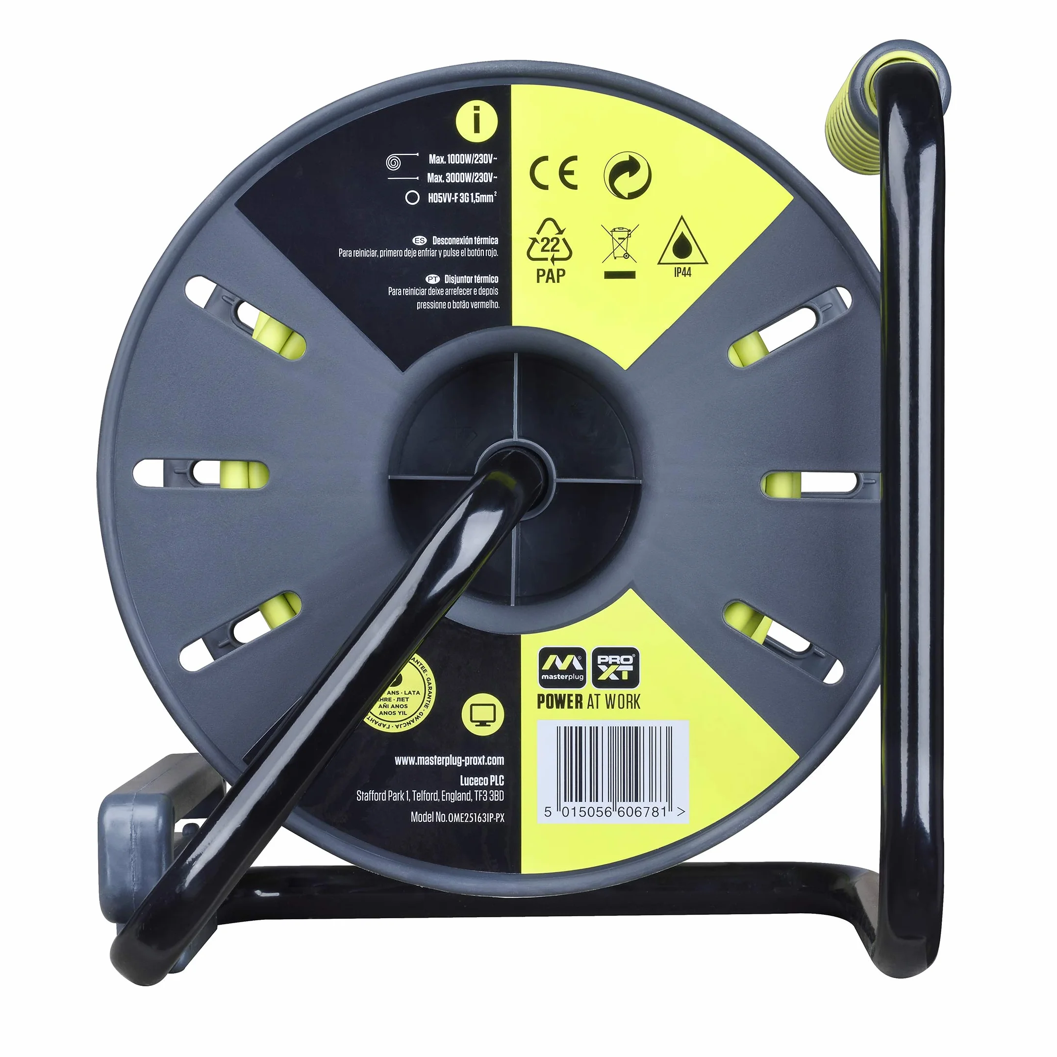 Masterplug Pro-XT Enrollacables 3 tomas IP44 con asa de bobinado, interruptor térmico e interruptor de alimentación, cable de alta visibilidad de 25 metros