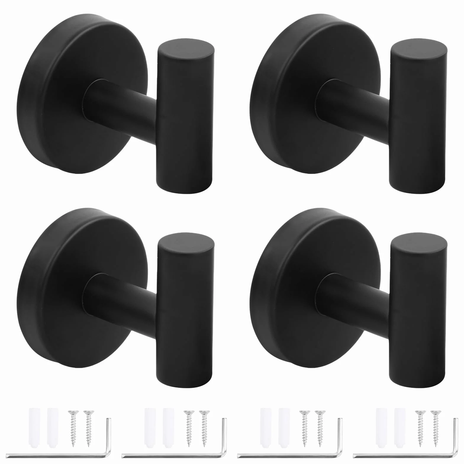 4 Piezas Ganchos para Abrigos Montados en Pared, Ganchos para Toalla, Gancho de Acero Inoxidable con Tornillos, Colgador Toalla Baño, Colgar Pared Gancho Negro Mate, para Baño Ducha Cocina