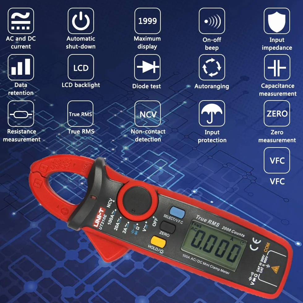 UNI-T UT210E Mini Digital Clamp Meter - DC Clamp Multímetro digital con Pinza para Voltímetro, Amperímetro y Ohmímetro con LCD y Retroiluminación