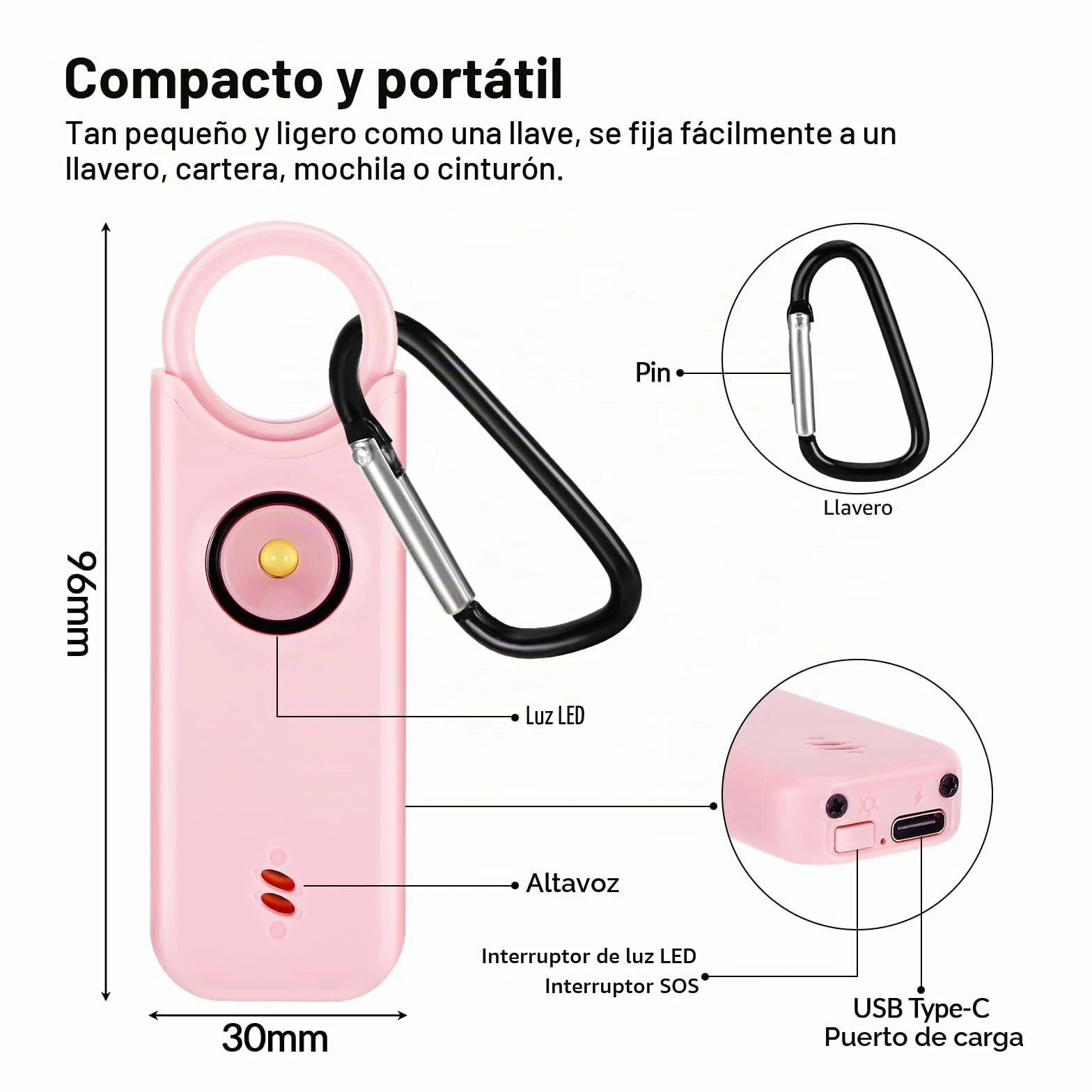 Sprifityy Alarma Personal, Alarma De Bolsillo para Mujer, con Sirena de 130 dB y luz de Señalización LED, Llavero Recargable USB Tipo-C para Mujeres, Niños/Mujeres/Ancianos (Rosa)