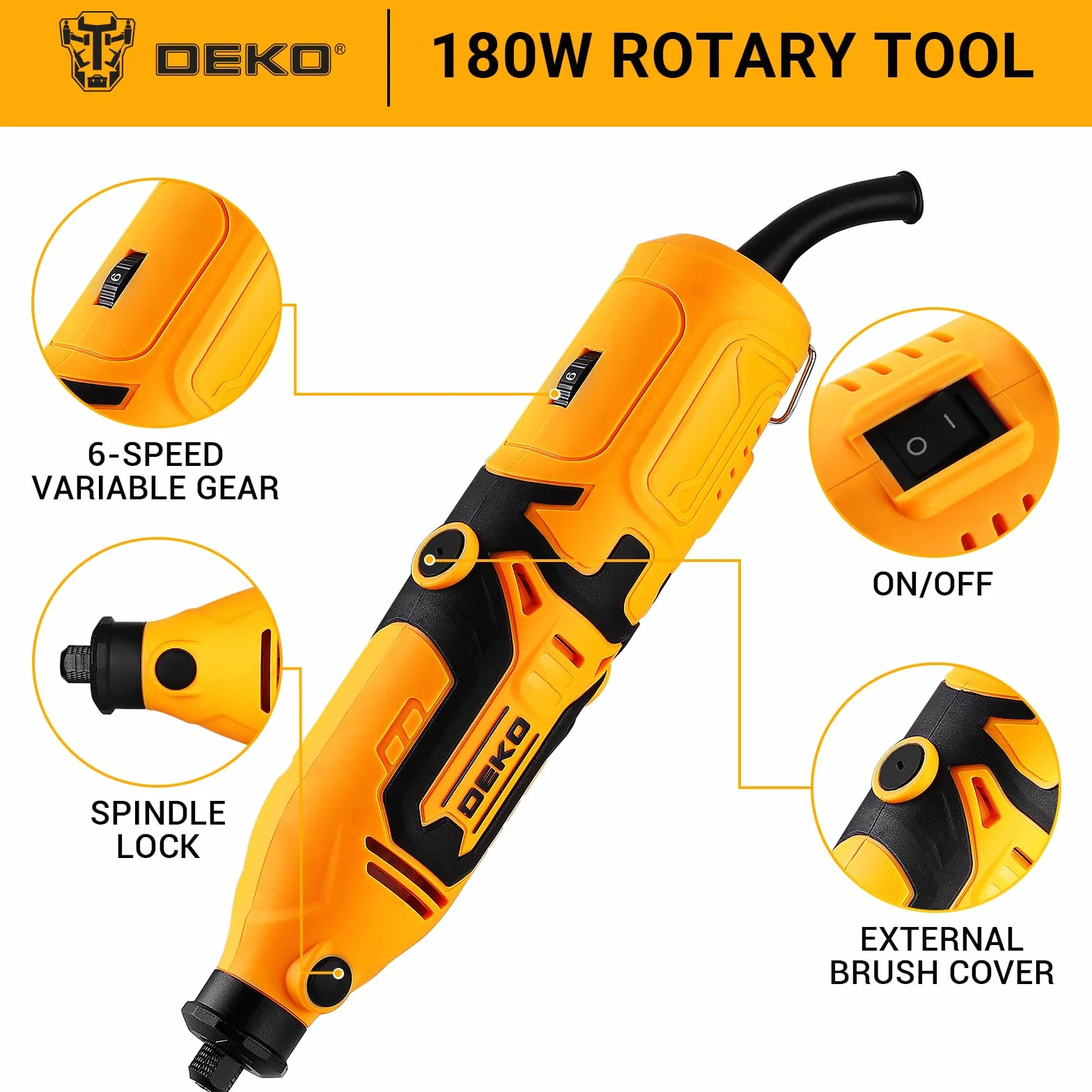 Mini amoladora rotativa multiusos: DEKOPRO 170 W, kit de accesorios 127, velocidad variable 8000-35000 rpm - Herramienta multiusos para cortar, taladrar, pulir, limpiar, Amarillo