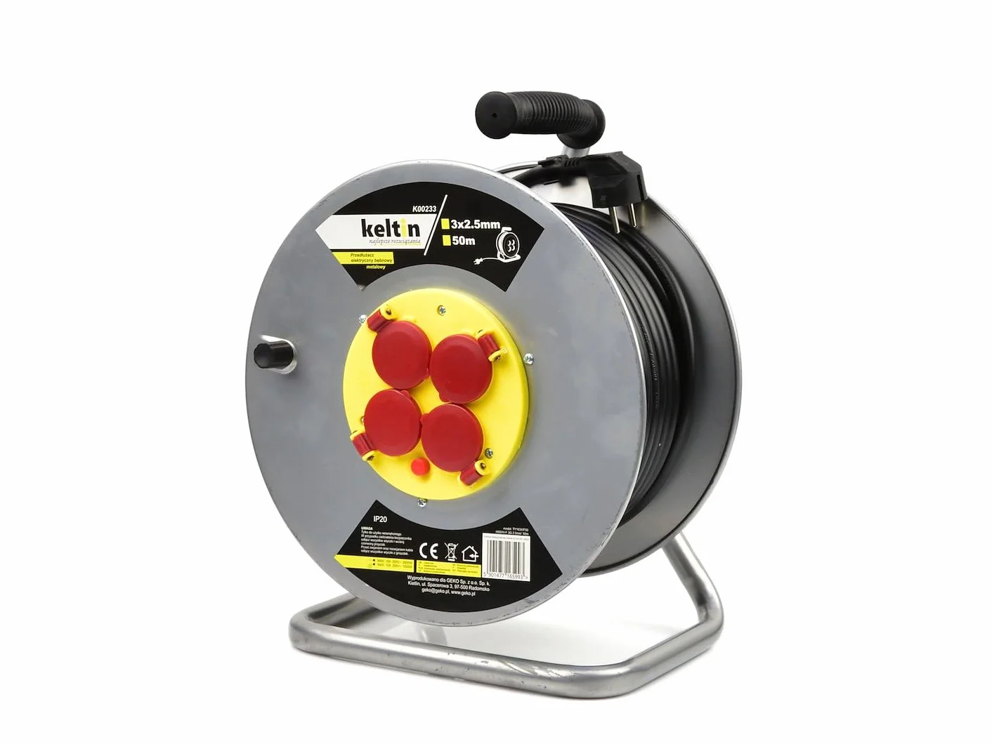 BSD Tambor Alargador Eléctrico Metálico 50m 3x2,5mm con Protección Térmica y 4 Tomas 230V para Hogar y Taller