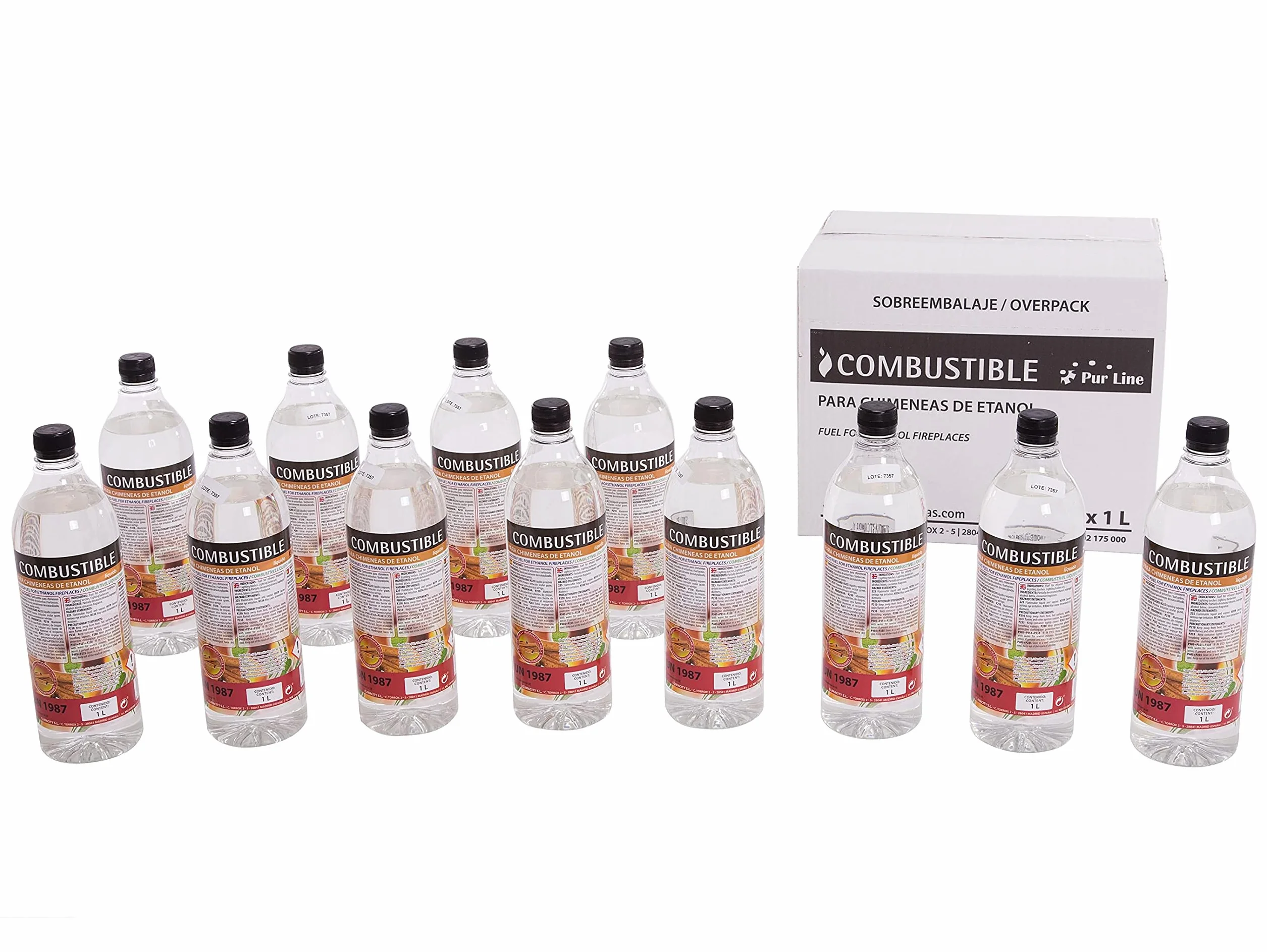 PUR LINE | Combustible etanol vegetal aroma a madera biochimeneas, caja 12 botellas 1L - Combustible Etanol Ecológico, sin humo, elimina olores y recrea ambiente chimenea leña