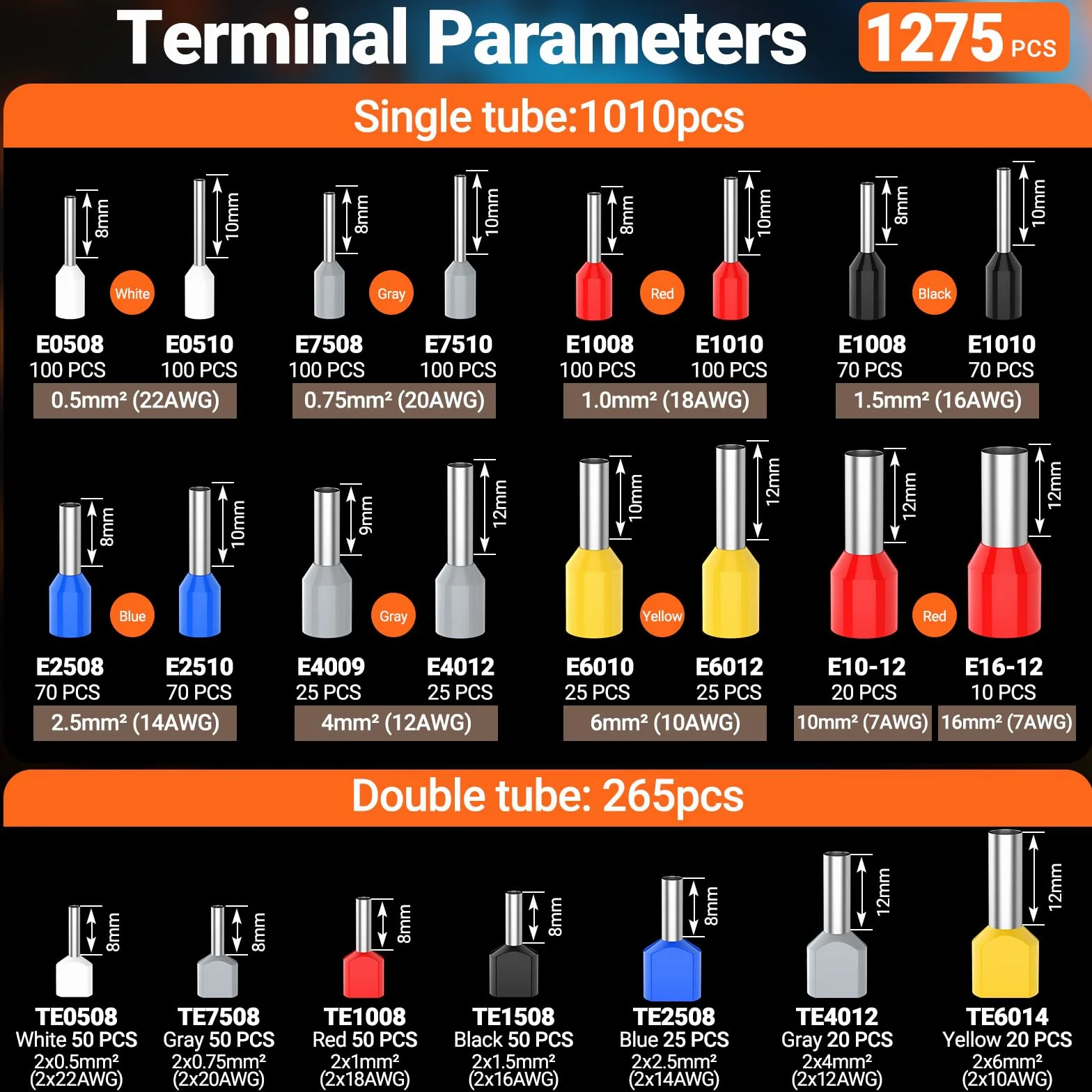 0,08-16 mm² Preciva crimpadora terminales electricos, 1275 piezas Tenazas de engaste de cabeza simple y doble Terminales de doble cable. Adecuadas para bricolaje doméstico e industrial.