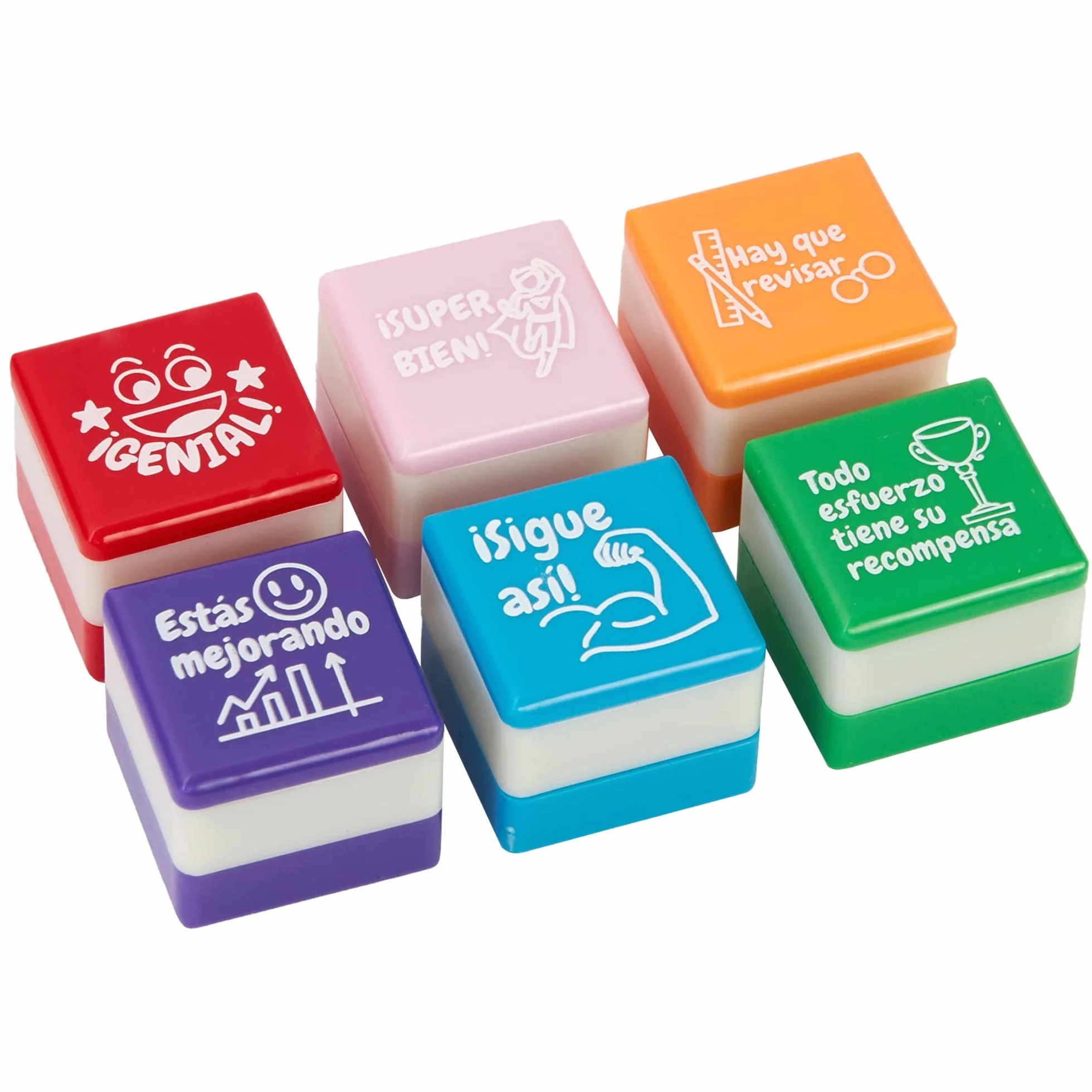 Sellos Cuadrado Motivacionales 25mm x 15mm Set de 6 para Profesores y Niños